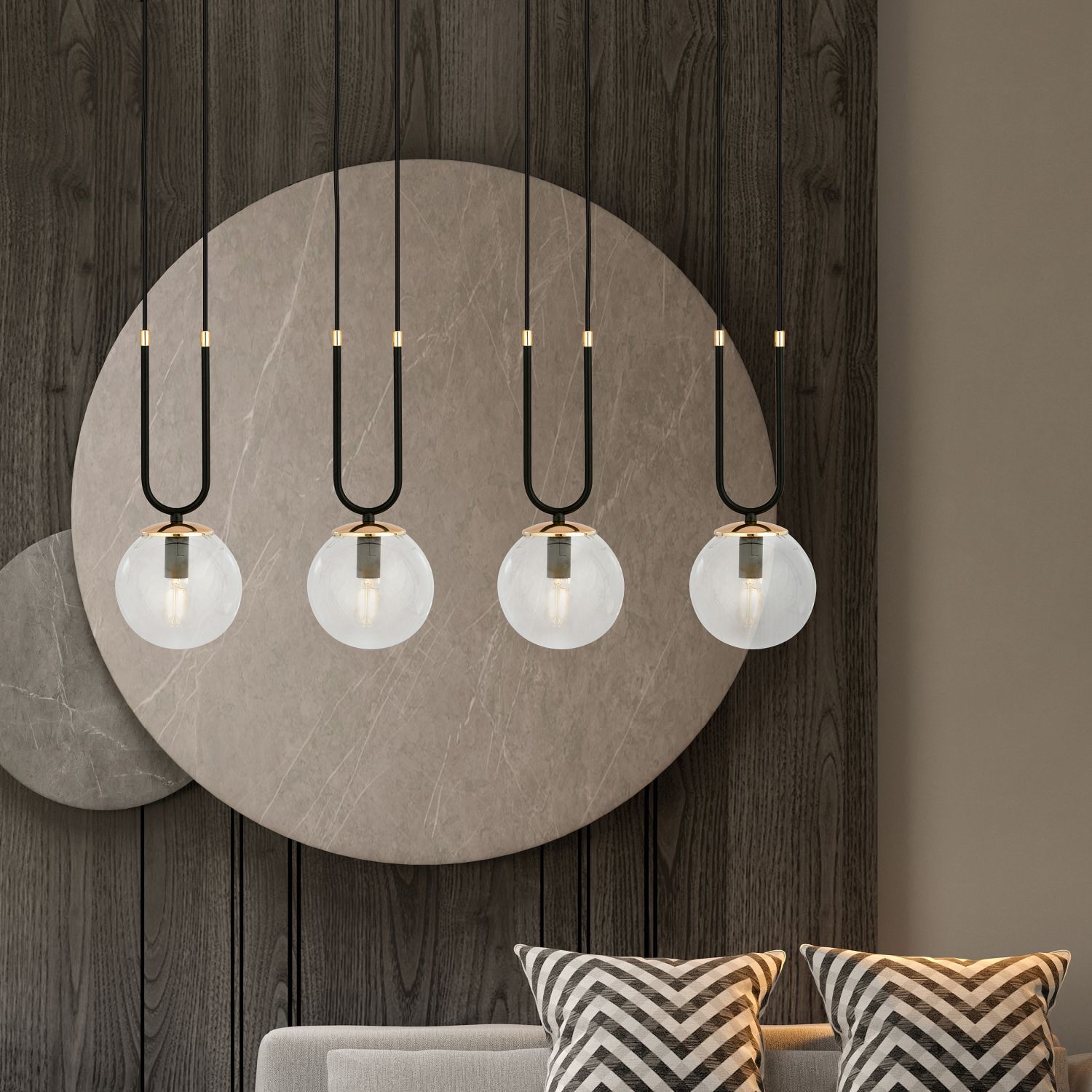 Suspension 4 flammes E14 verre métal L : 92 cm noir or