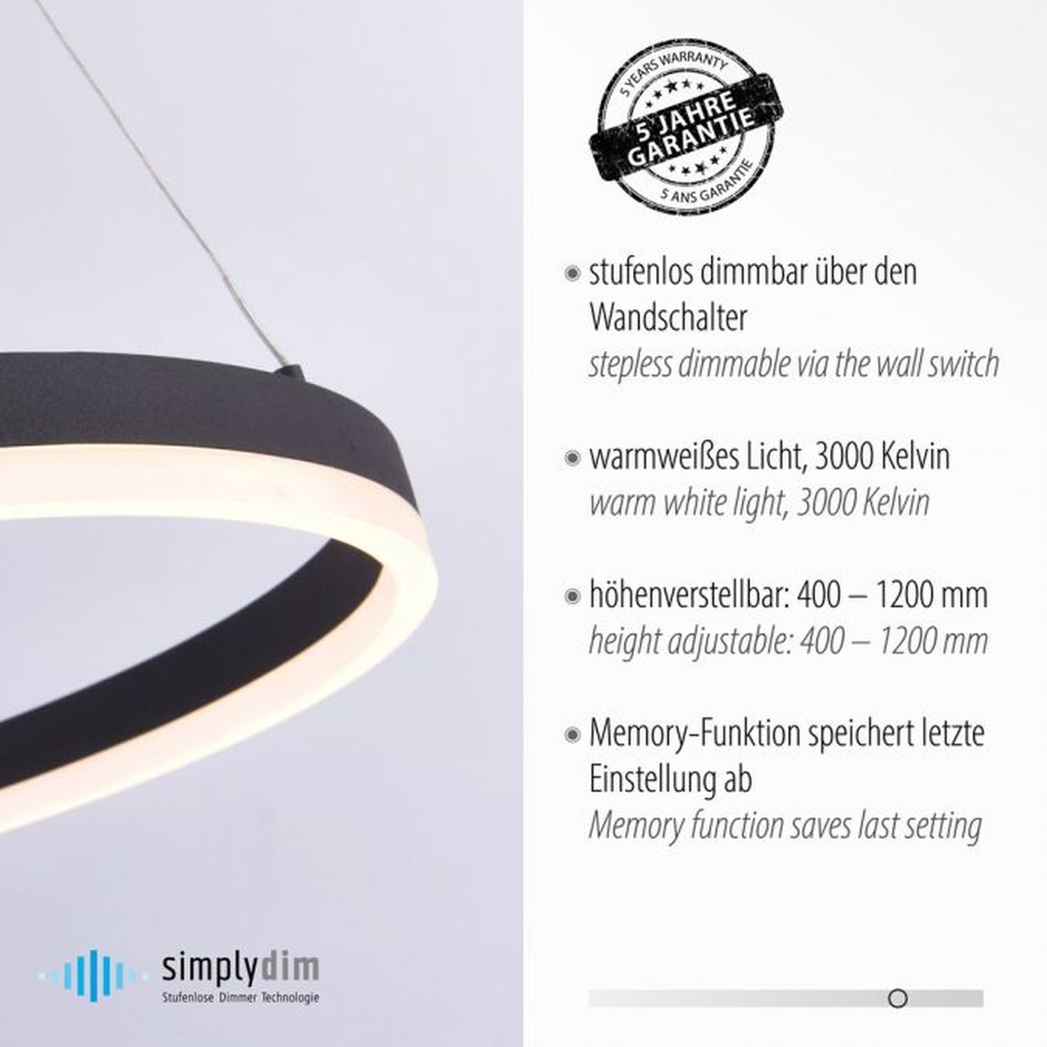 Suspension LED Anthracite dimmable 3000 K Ø60 cm Anneau Lampe