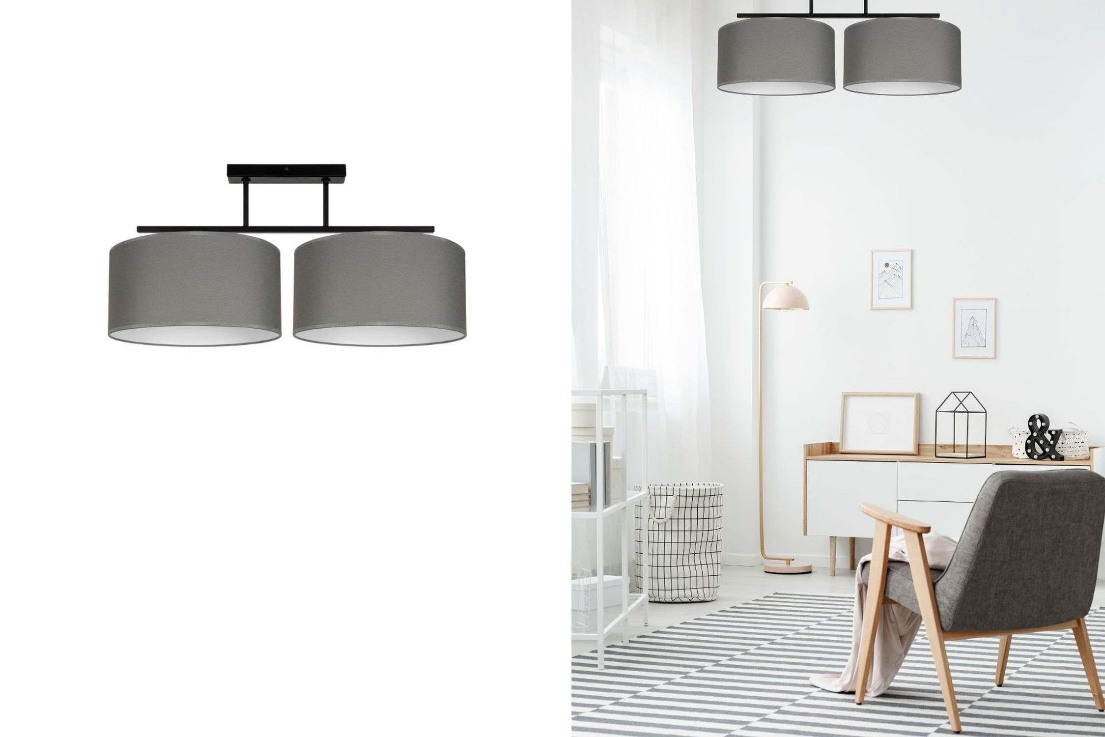 Blendarme Deckenlampe Stoff Schwarz Graphit E27 L:70 cm deckenleuchte, pendelleuchte, doppellampe, grau, modern