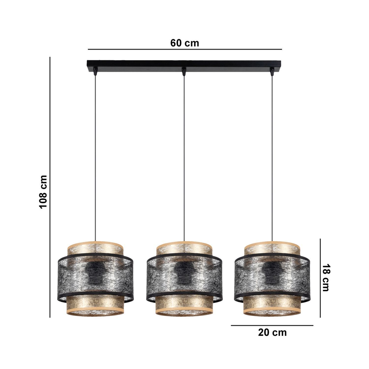 Lampe à suspendre 3 flammes noir or E27 tissu anti-éblouissement