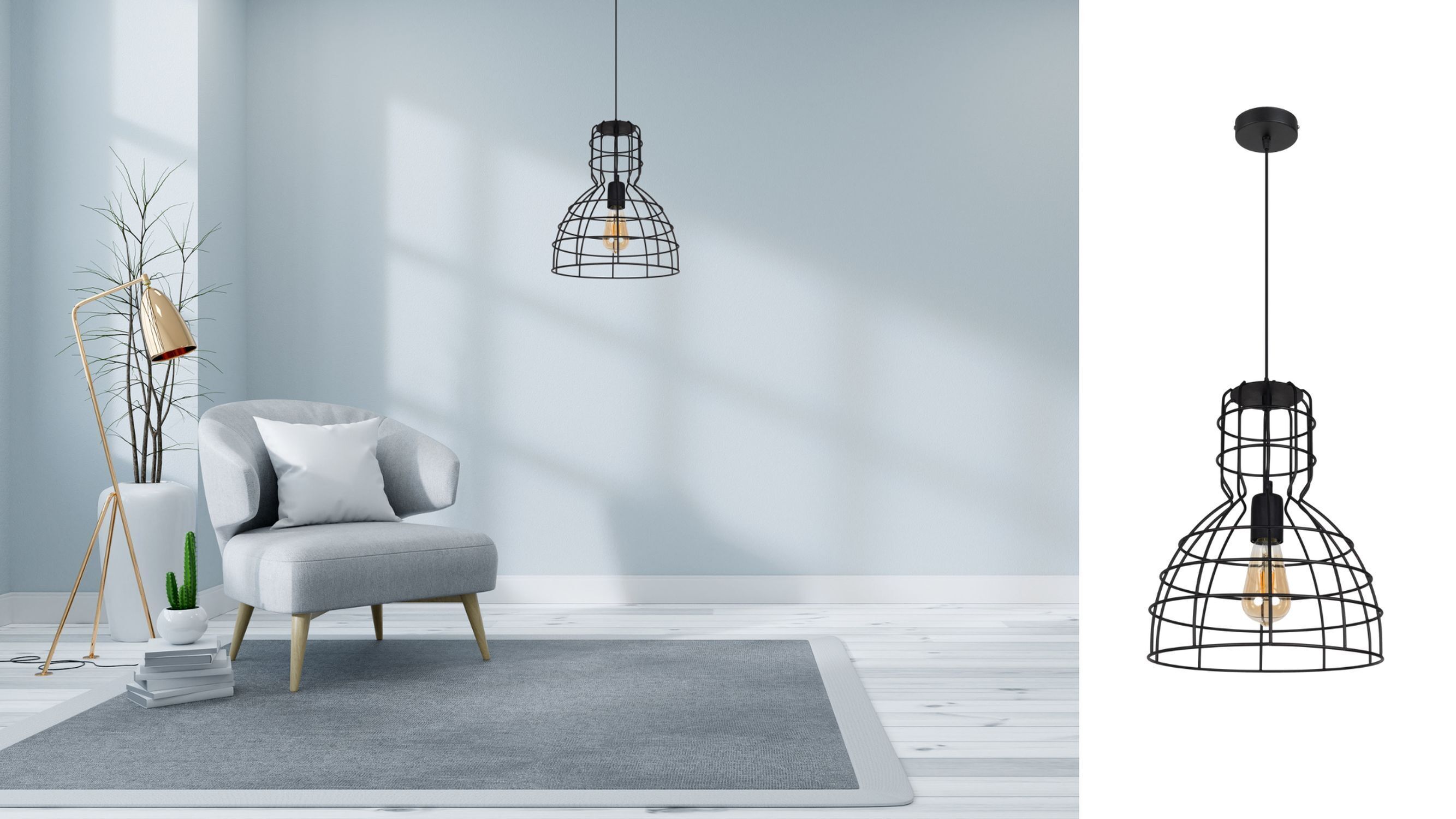 pendant light, wire frame, schwarzmetall, Glühbirne sichtbar, Wohnkultur