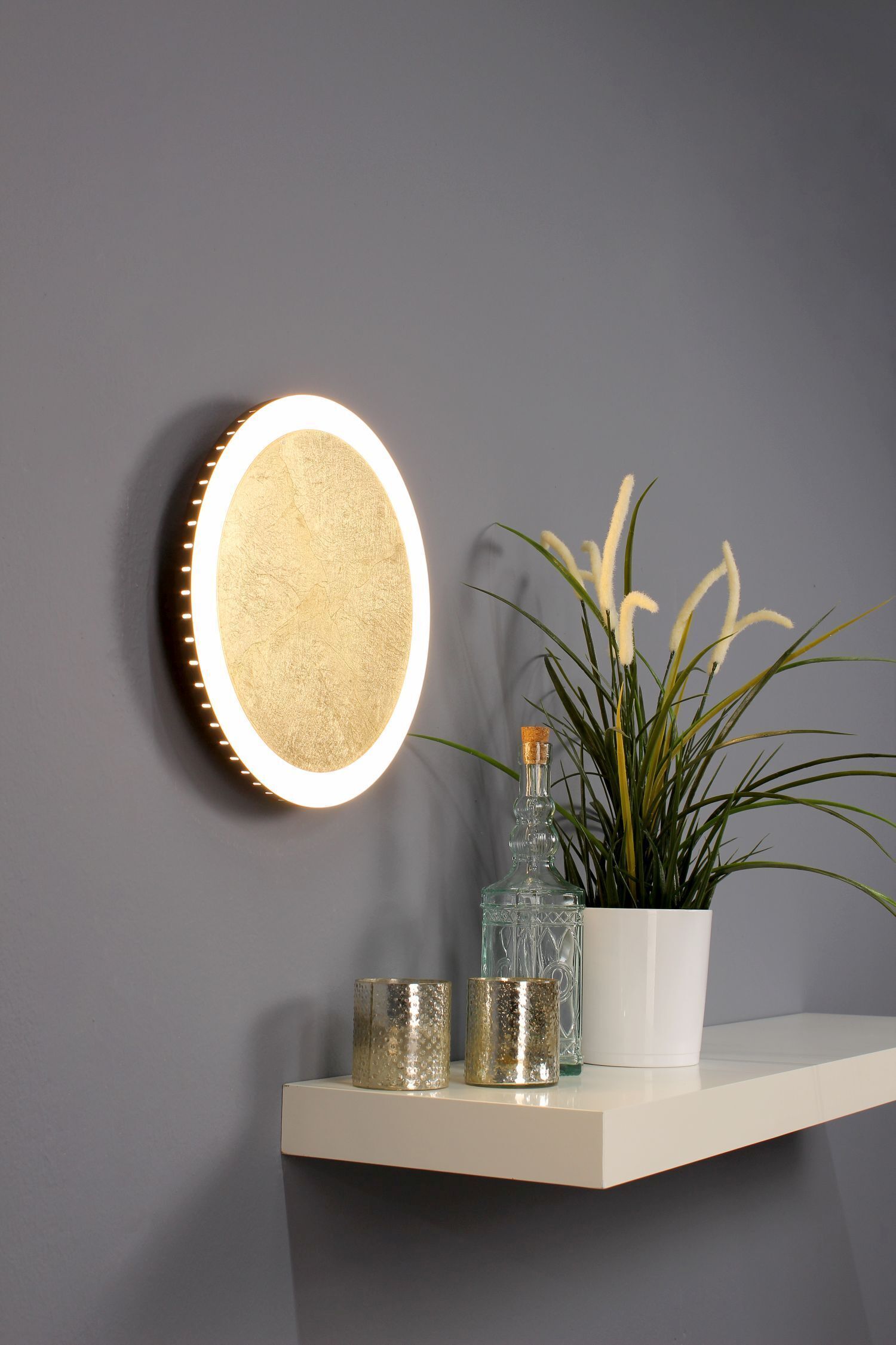 LED Wandlampe Gold Schwarz rund Ø30 cm 3500 K dimmbar Wandspiegel, Runder Spiegel, LED-Spiegel, Wandregal, Pflanzen-Dekor