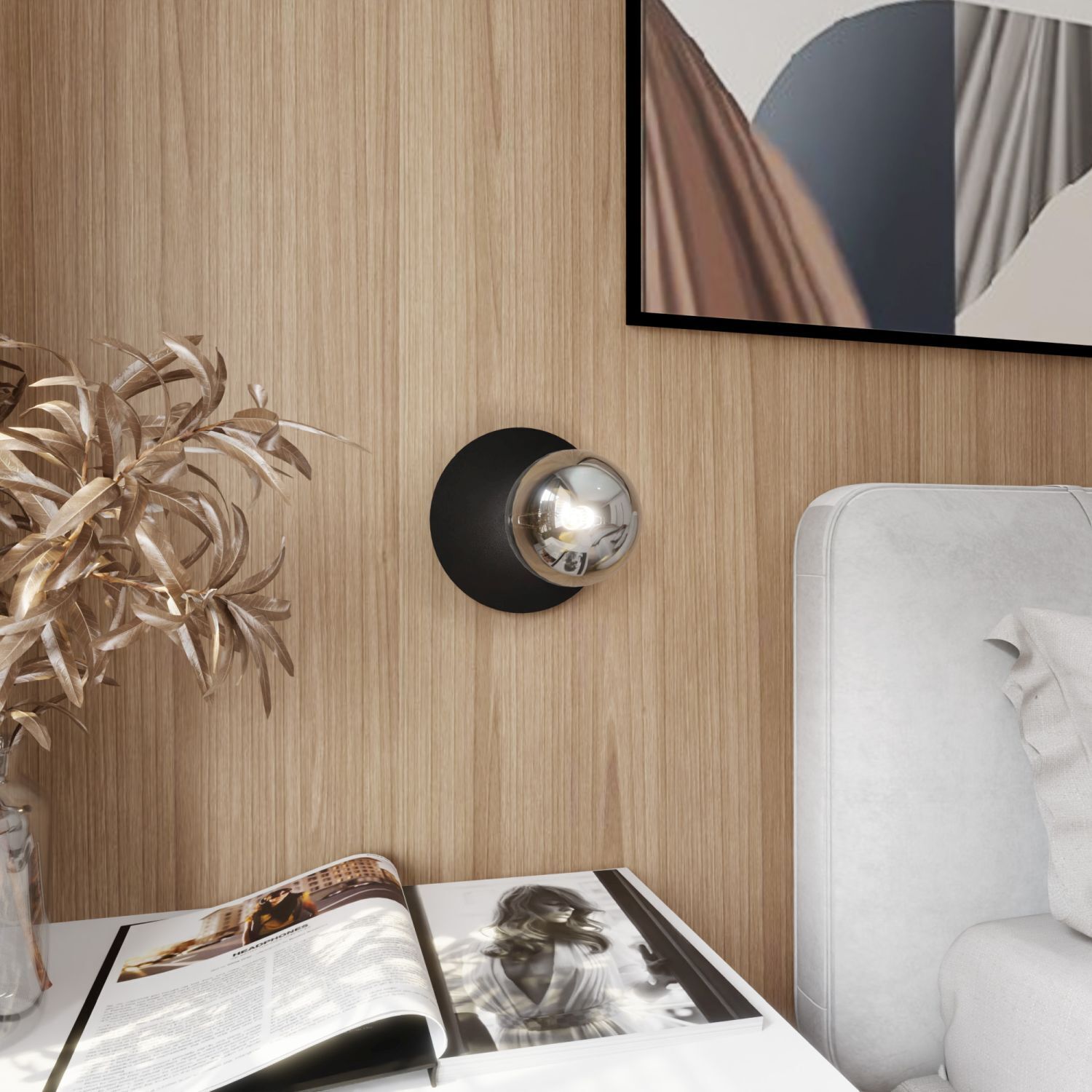 Wandlampe Rauchglas Metall Ø 20 cm rund E14 Kugel Schirm Drinnen, Innenarchitektur, Holzpaneele, Buch, Person