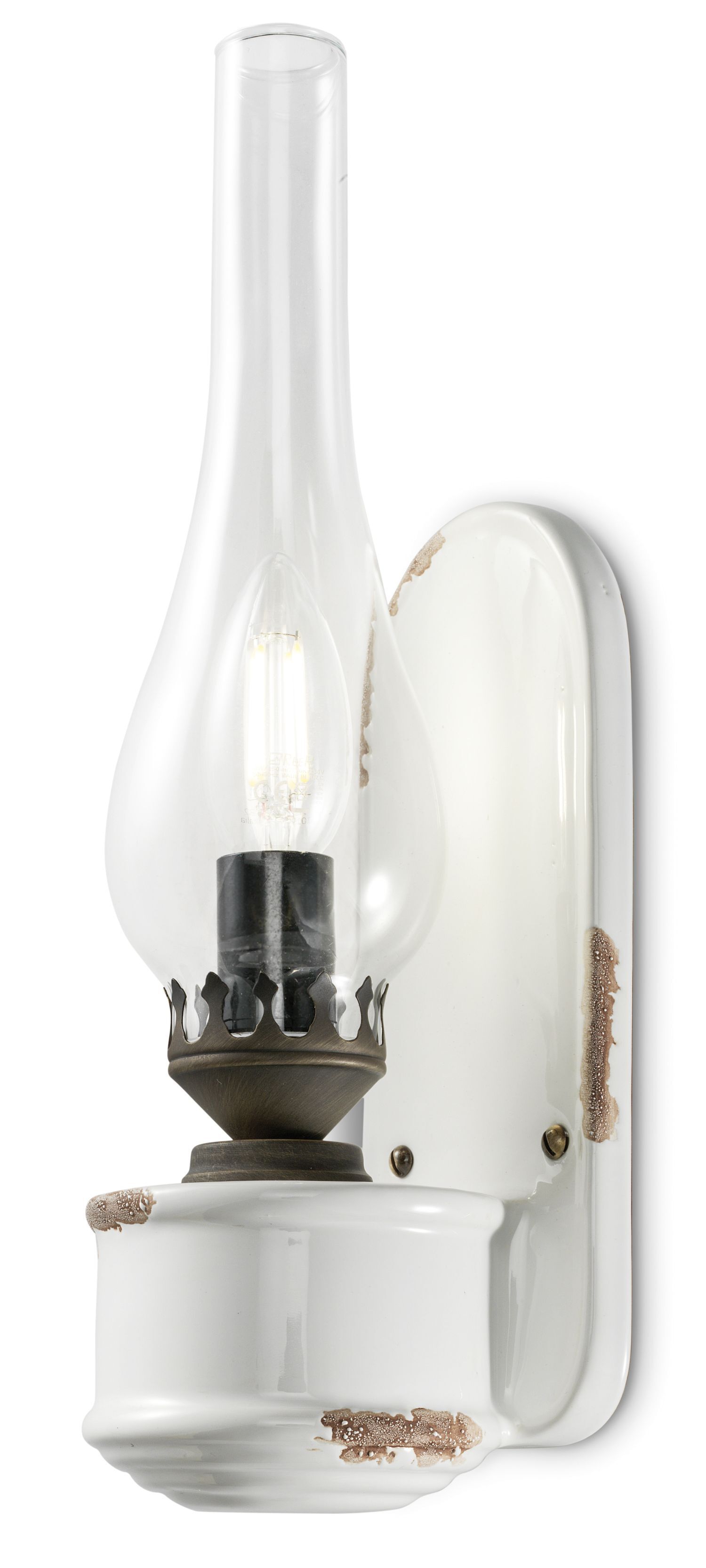 Applique murale verre artisanale E14 33 cm de haut blanc shabby antique
