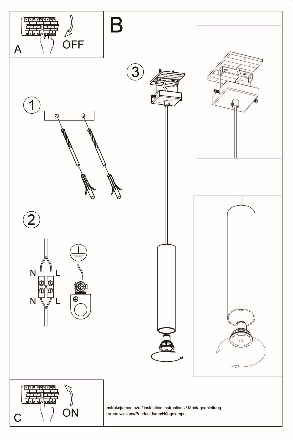 Suspension noire en métal GU10 Ø 6 cm réglable en hauteur