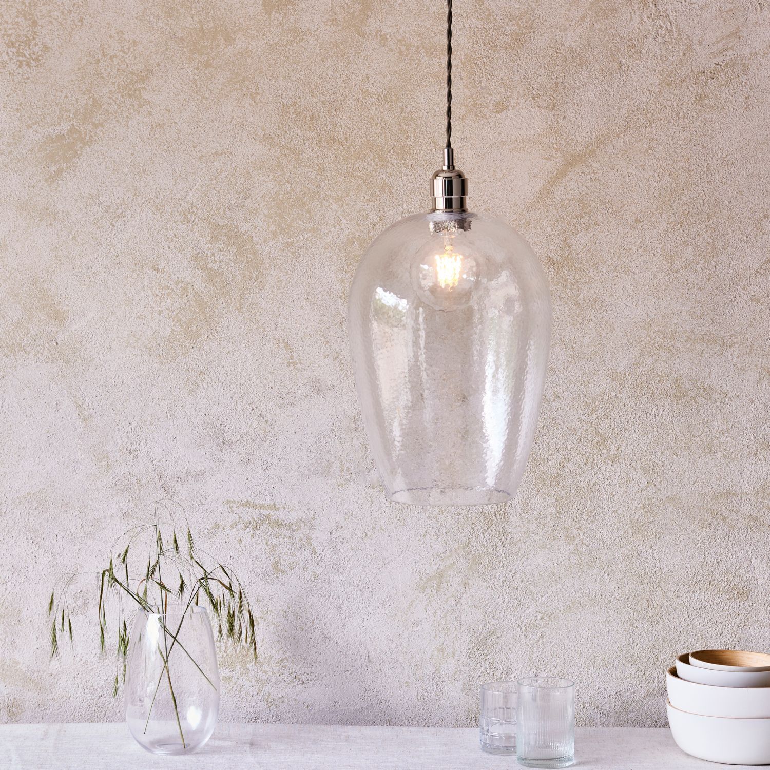 Lampe à suspendre E27 verre métal Ø 25 cm étroit nickel brillant