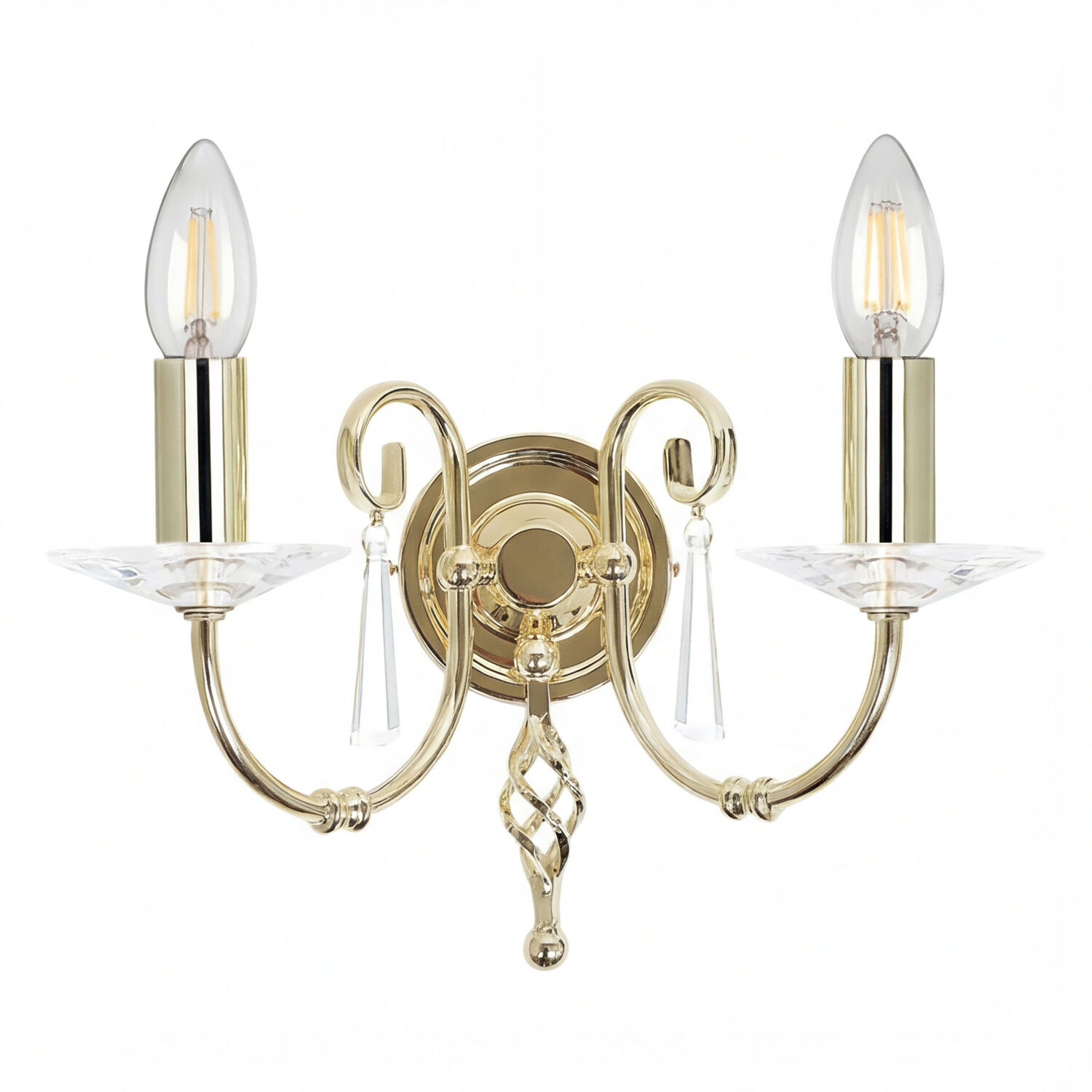 wandleuchte-wandlampe-candela-2-flammig-messing-poliert-klassisch-01 Wandlampe, Schmuckwandlampe, Gold, Kristallanhänger, 2-armig