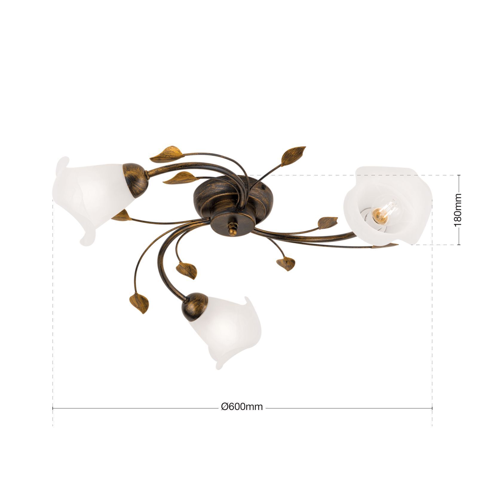 Deckenlampe Metall Glas B: 60 cm Shabby Antik Weiß E14 Deckenleuchte, Kronleuchter, Bronzefarbene Metallkonstruktion, Glasschirmen, Drei Lichtquellen