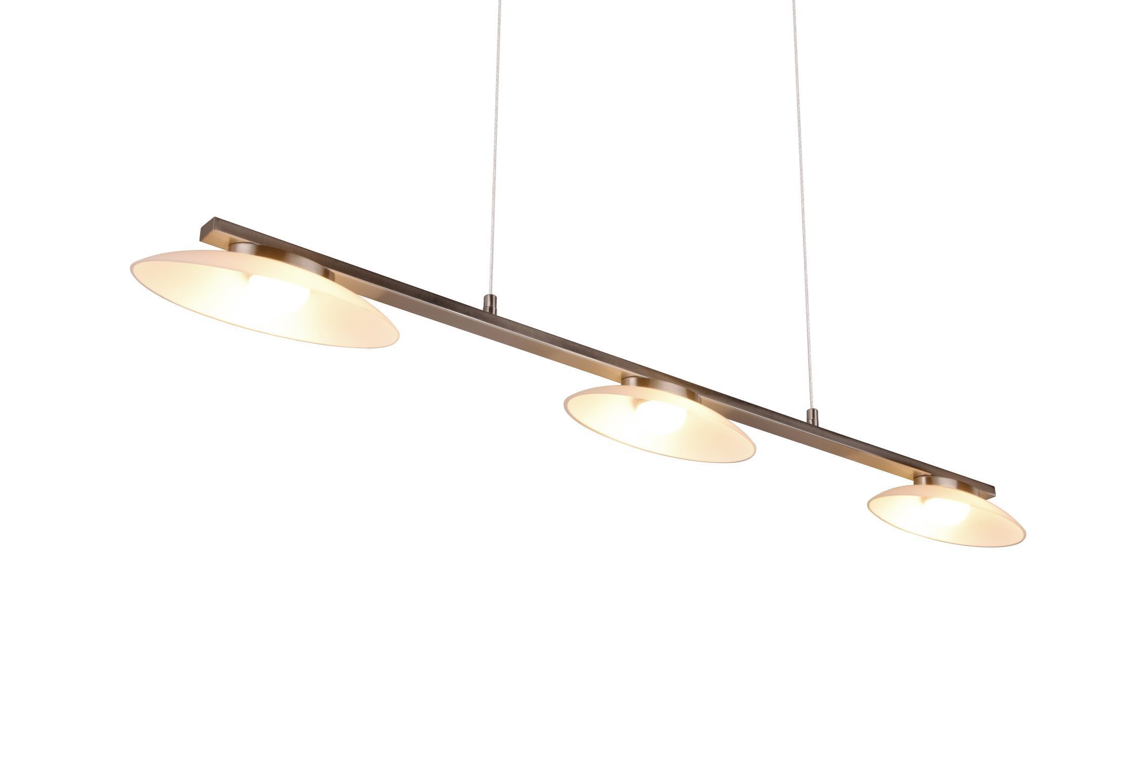 Suspension LED métal verre nickel 3 flammes 102 cm