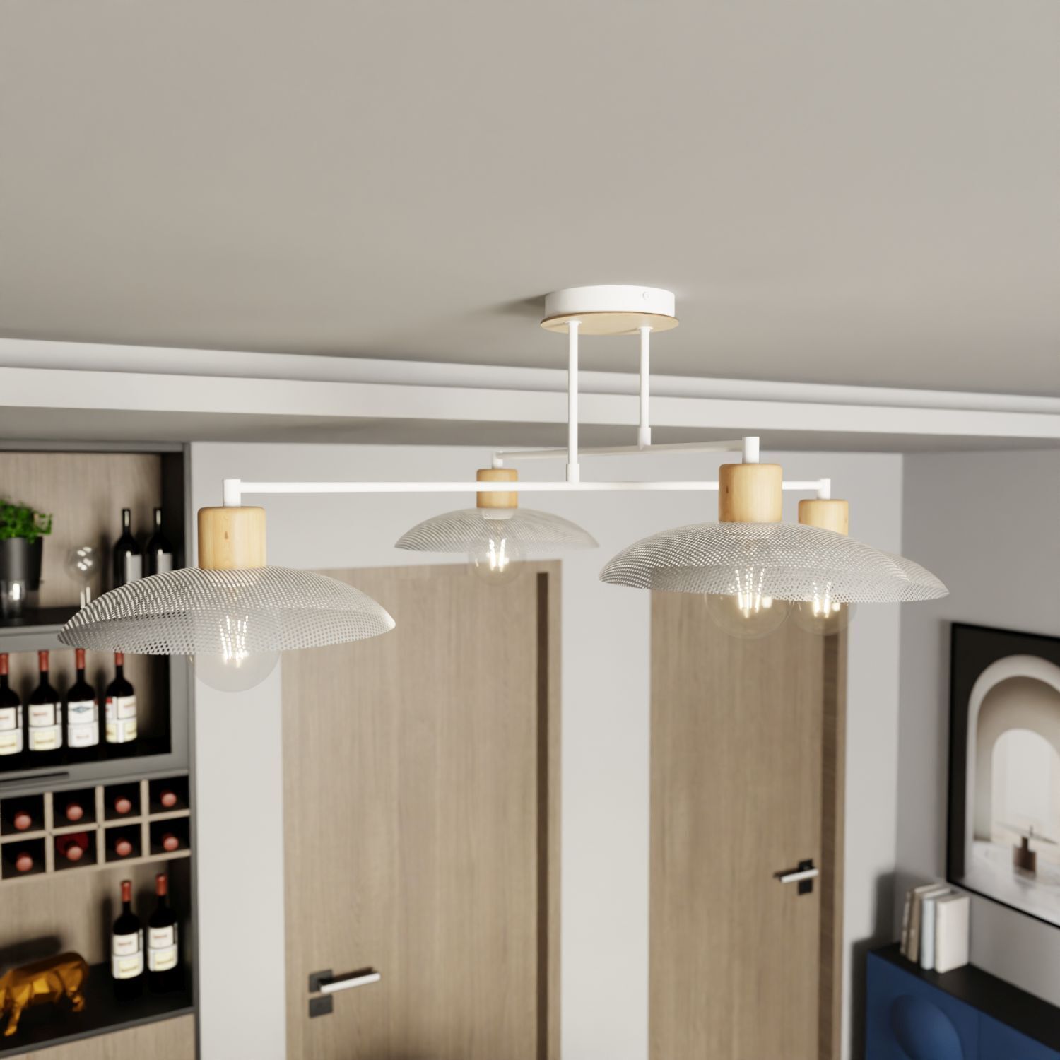 Plafonnier blanc imitation bois 100 cm grand métal E27 4-flamme