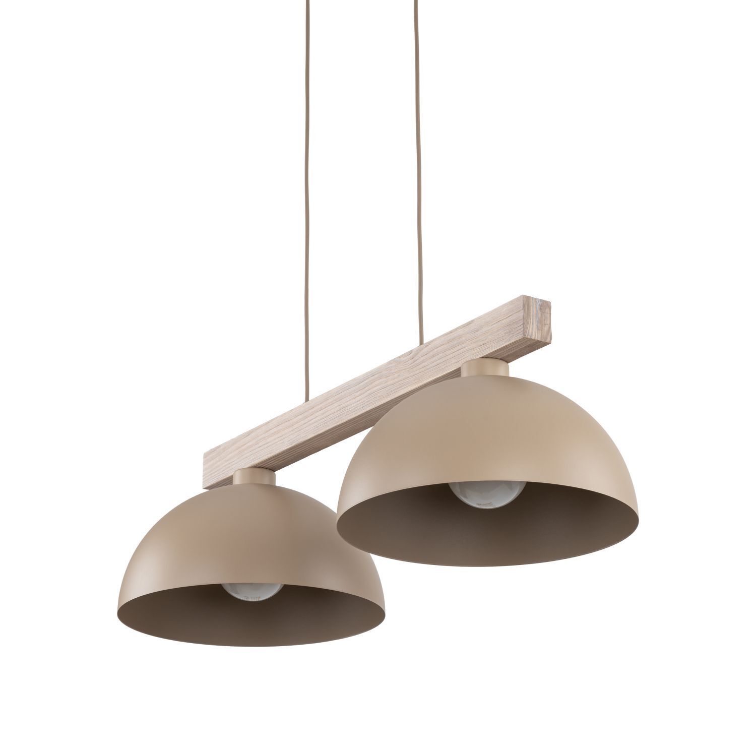 Pendelleuchte Metall Holz 83 cm Beige E27 2-flammig Hängelampe, Doppel-Lampenschirm, Holzträger, Beige, Hängelampe mit zwei Diffusoren