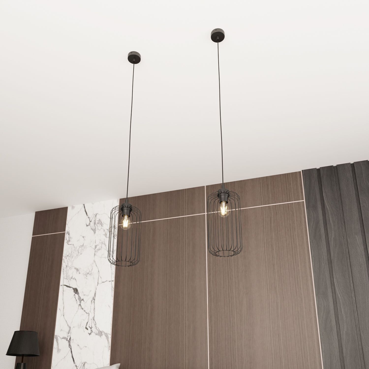 Suspension ronde métal noir E27 L:16 cm Rétro Drinnen, Innenarchitektur, Kronleuchter, Lampe, Holzpaneele