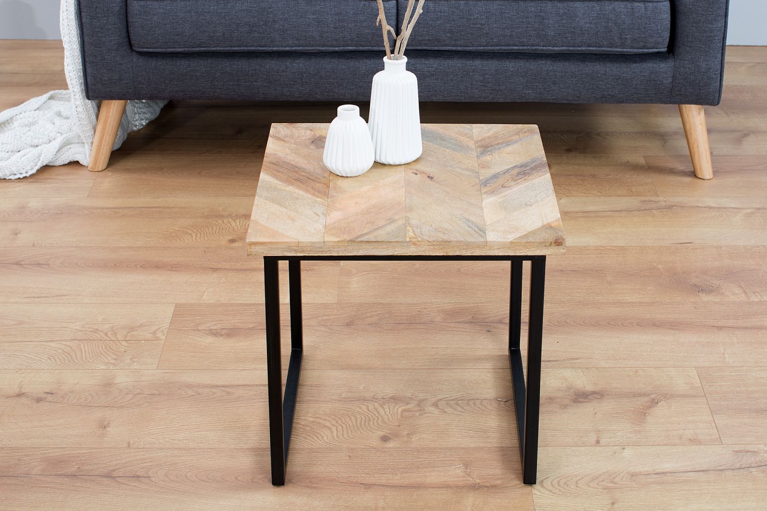 Table basse mangue bois métal 45x160 cm en noir naturel Moebel, Tabelle, Kaffeetisch, Tischplatte, Holz