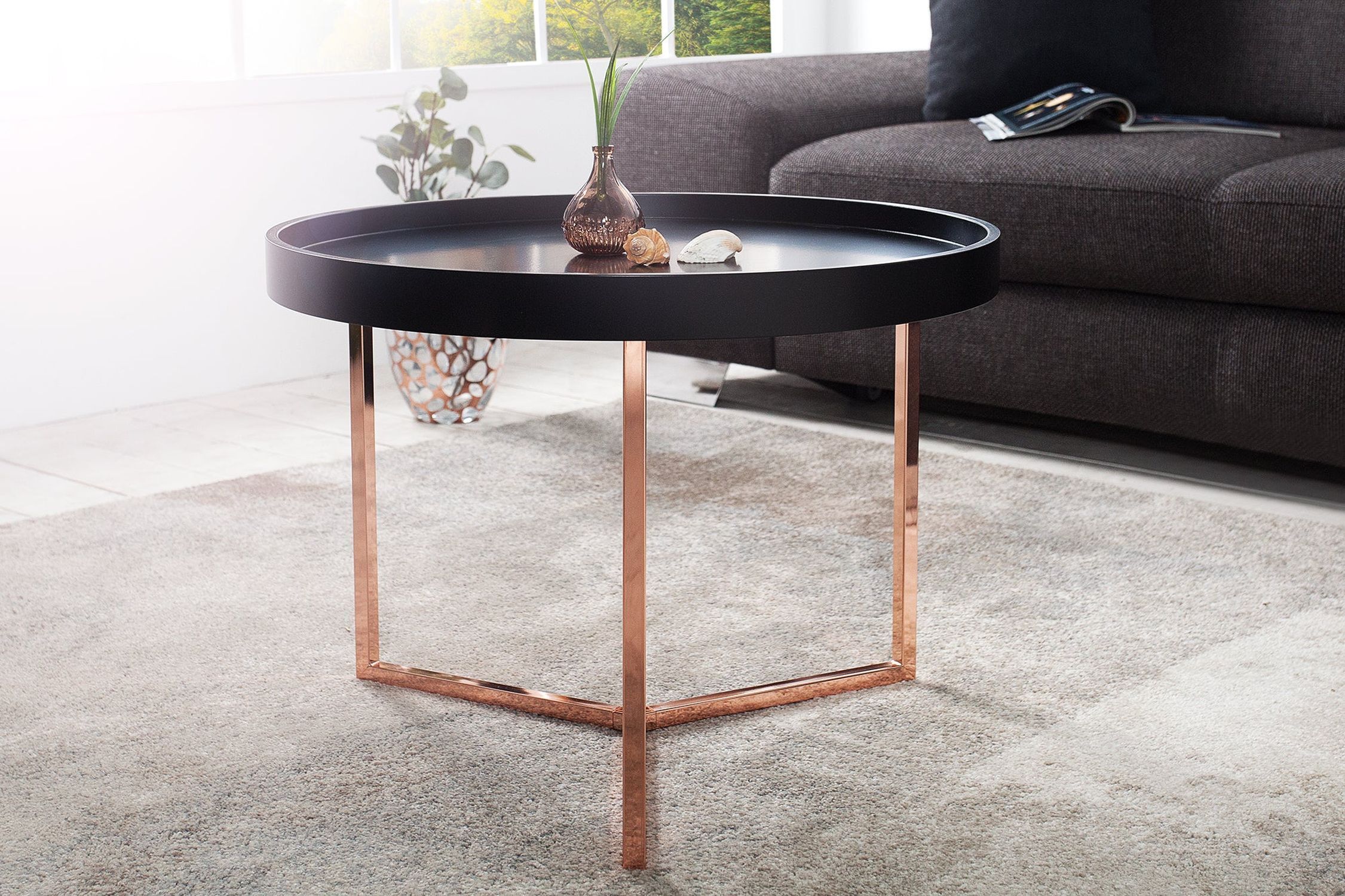 Table basse bois métal noir cuivre 60x60 avec plateau Kaffeetisch, Mobiliar, Tabelle, Drinnen, Innenarchitektur