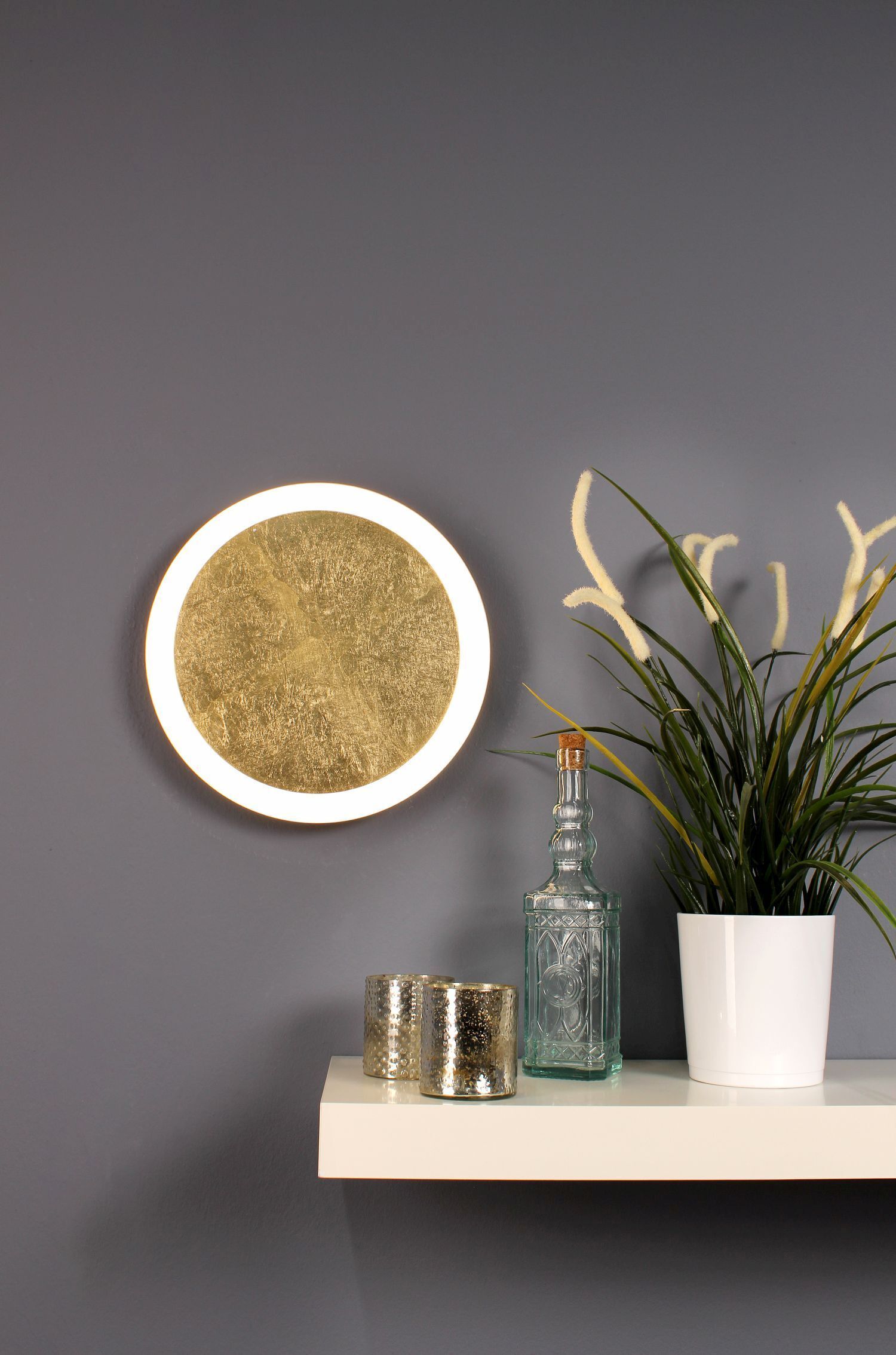 LED Wandlampe Gold Schwarz rund Ø30 cm 3500 K dimmbar wandlampe, runder lampe, glasflasche, pflanze, deko-setup