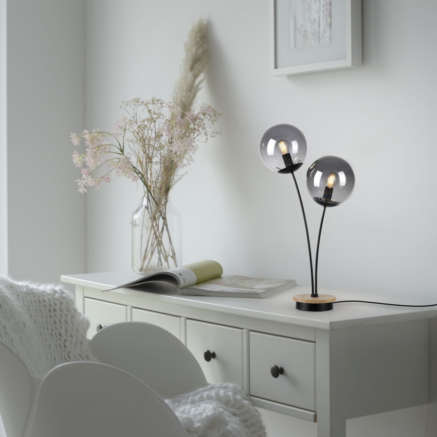 Lampe de table stylée verre fumé bois E14 60 cm 2 flammes Lampe