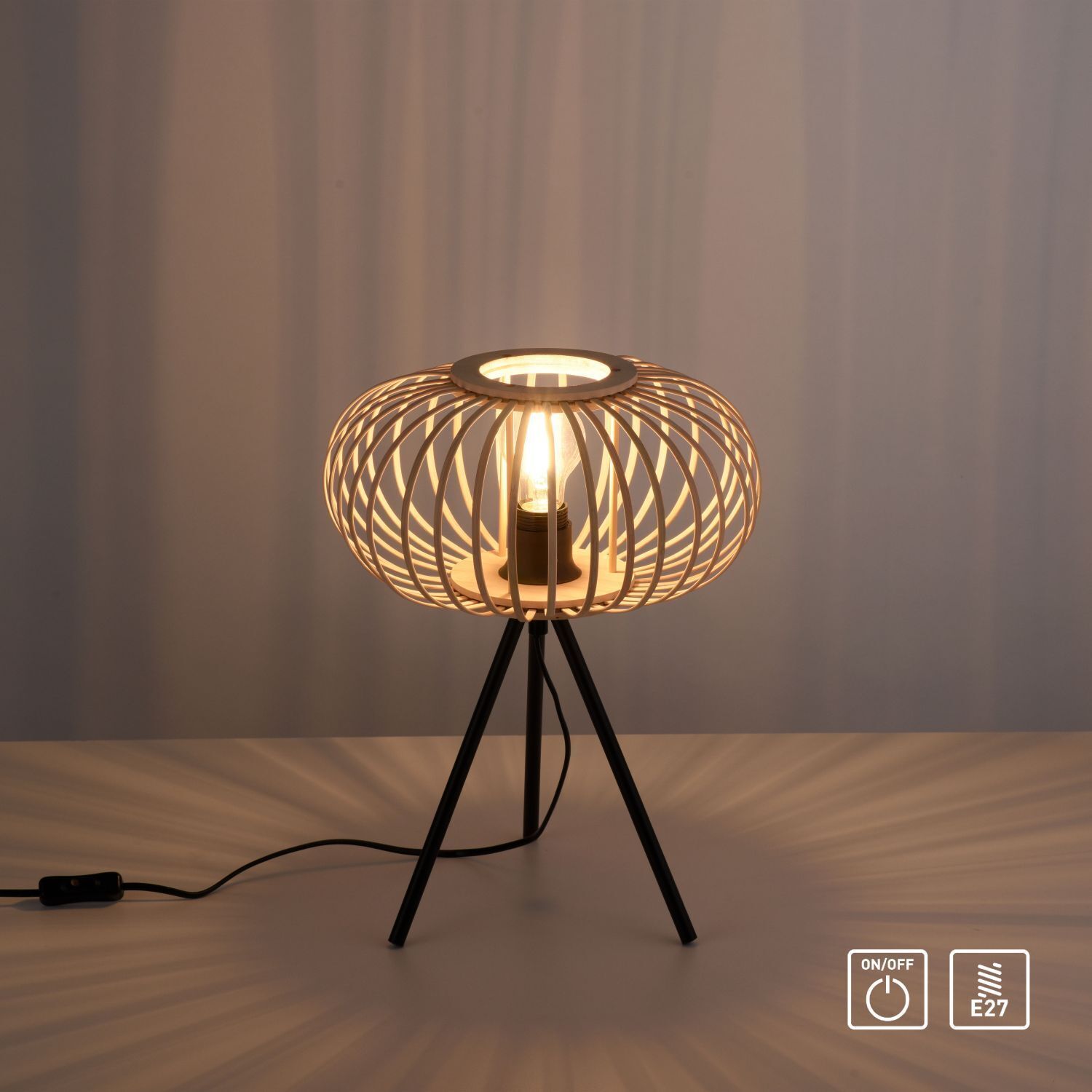Tripod Lampe de table Scandinave Abat-jour en bois E27 41 cm Lampe