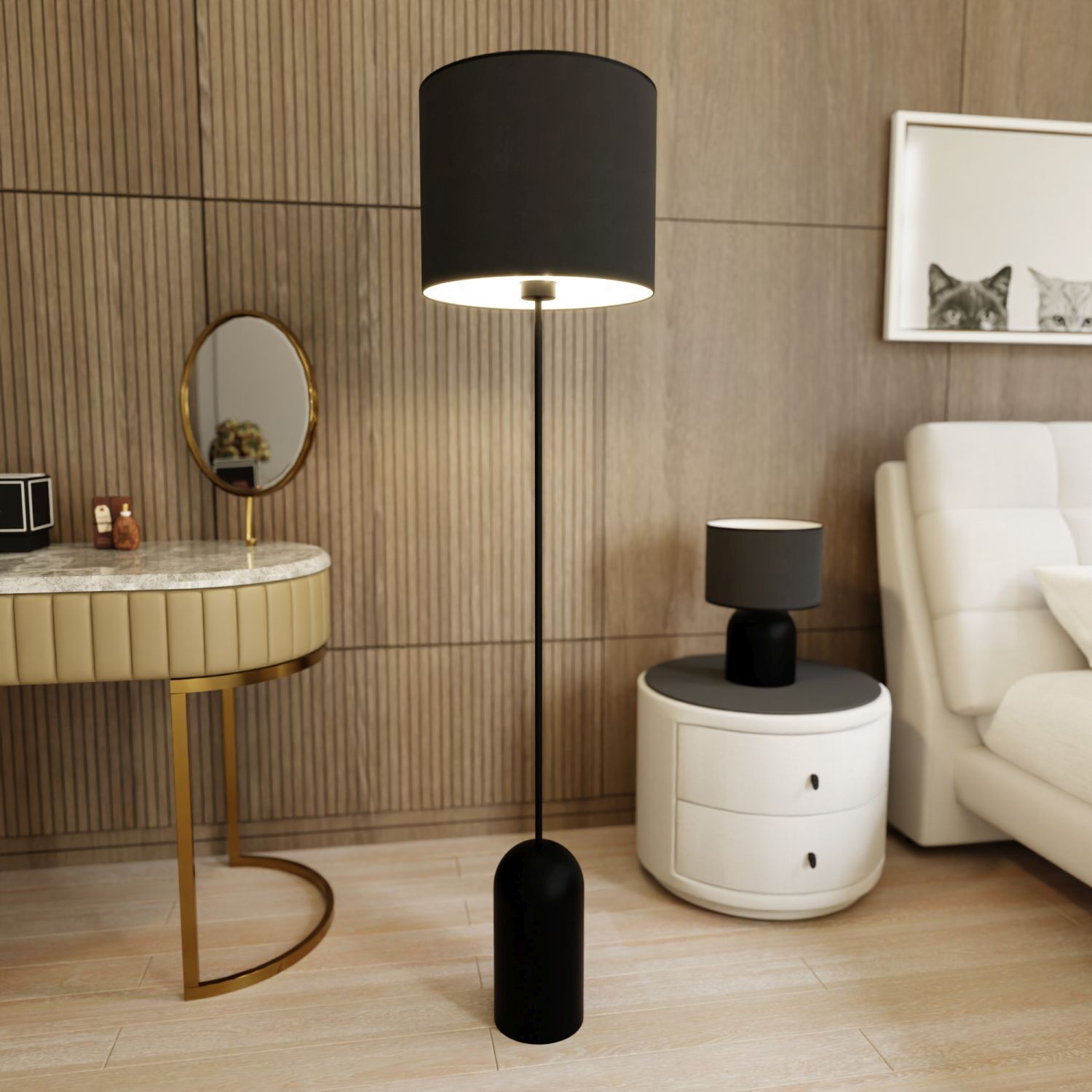 Lampadaire métal tissu 142 cm de haut noir blanc E27 CLARA