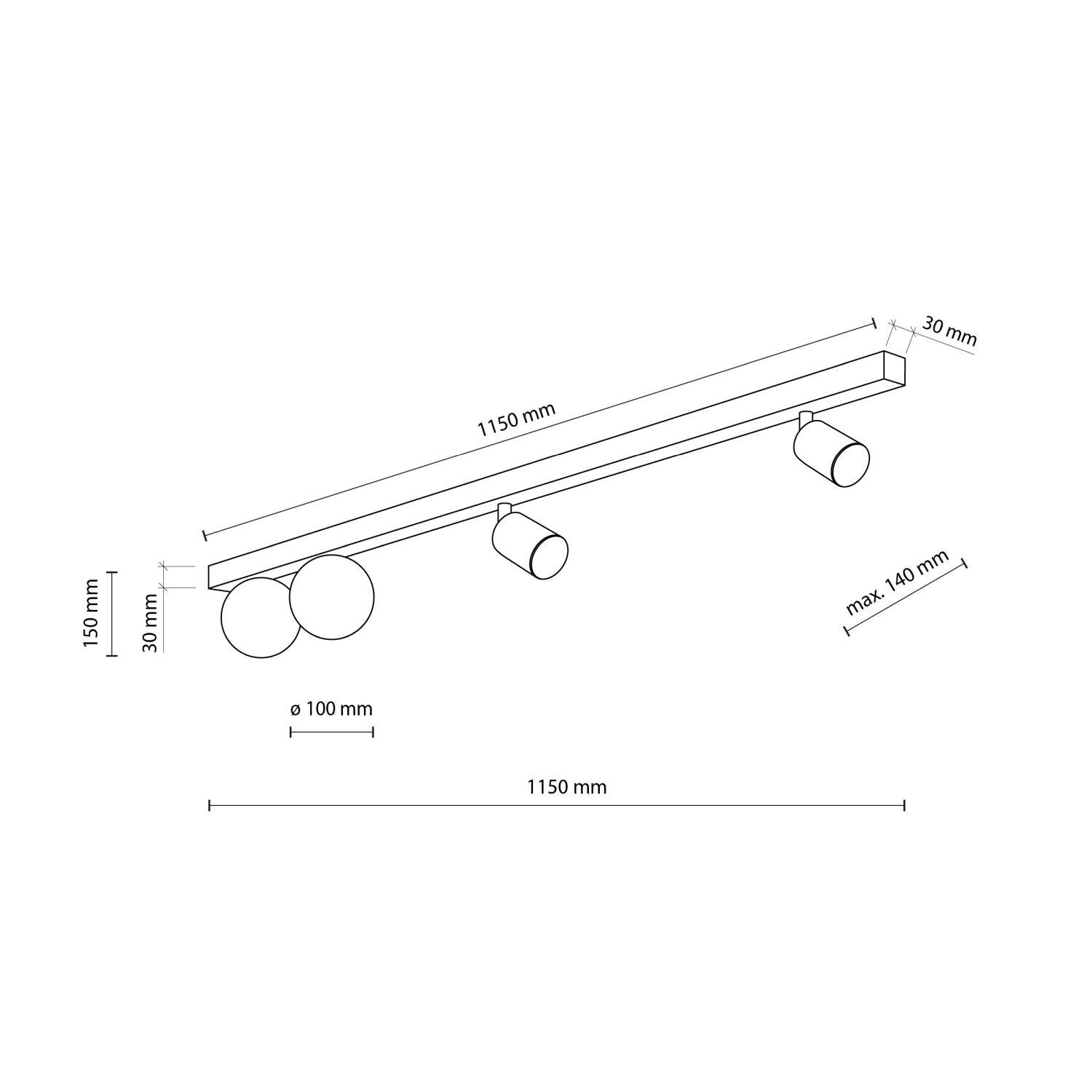 Plafonnier 115 cm long métal verre 2x GU10 + 2x G9