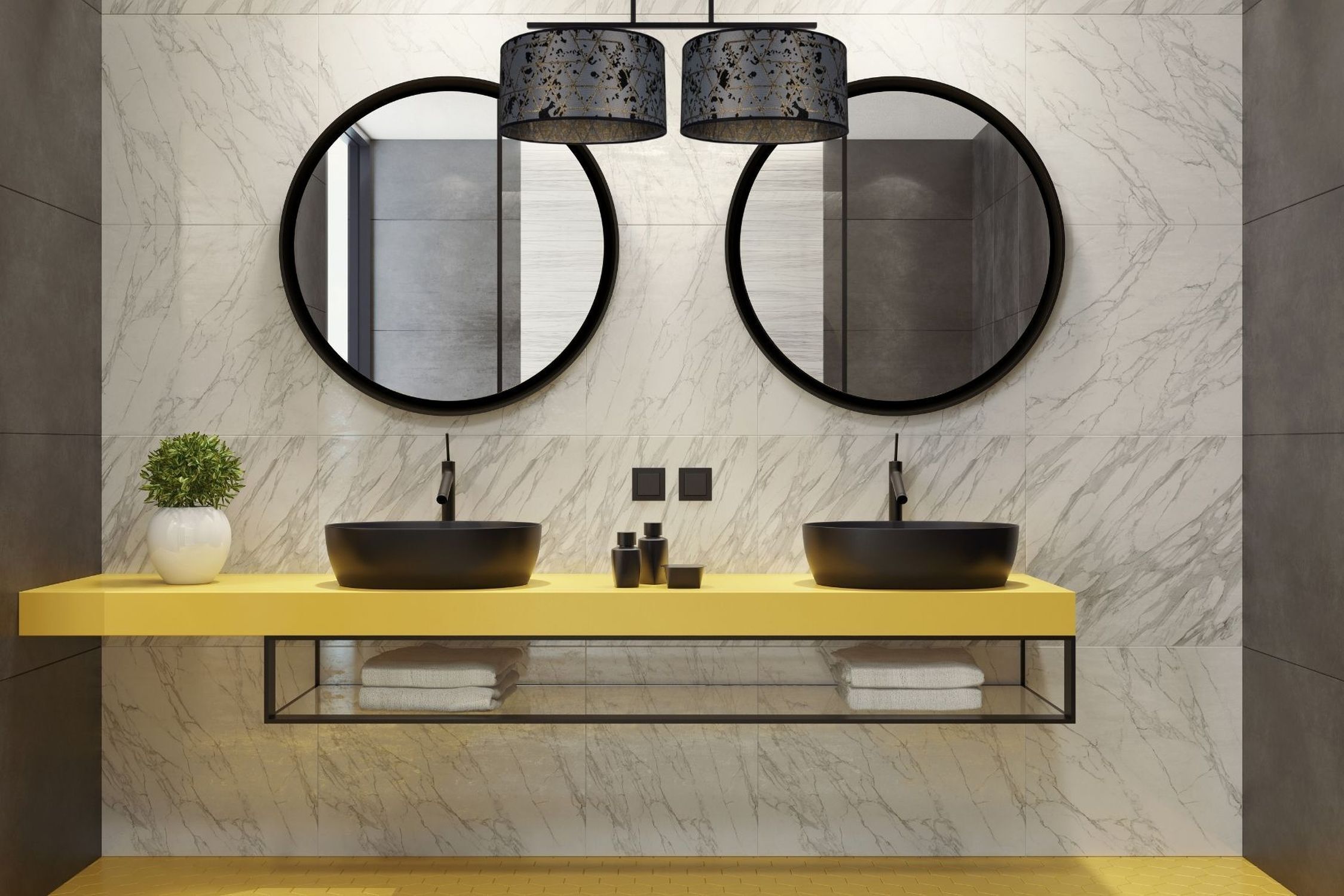 Lampe de plafonnier Tissu éblouissant Noir Gris Motif 70 cm Sinken, Doppeltes Waschbecken, Pflanze, Band