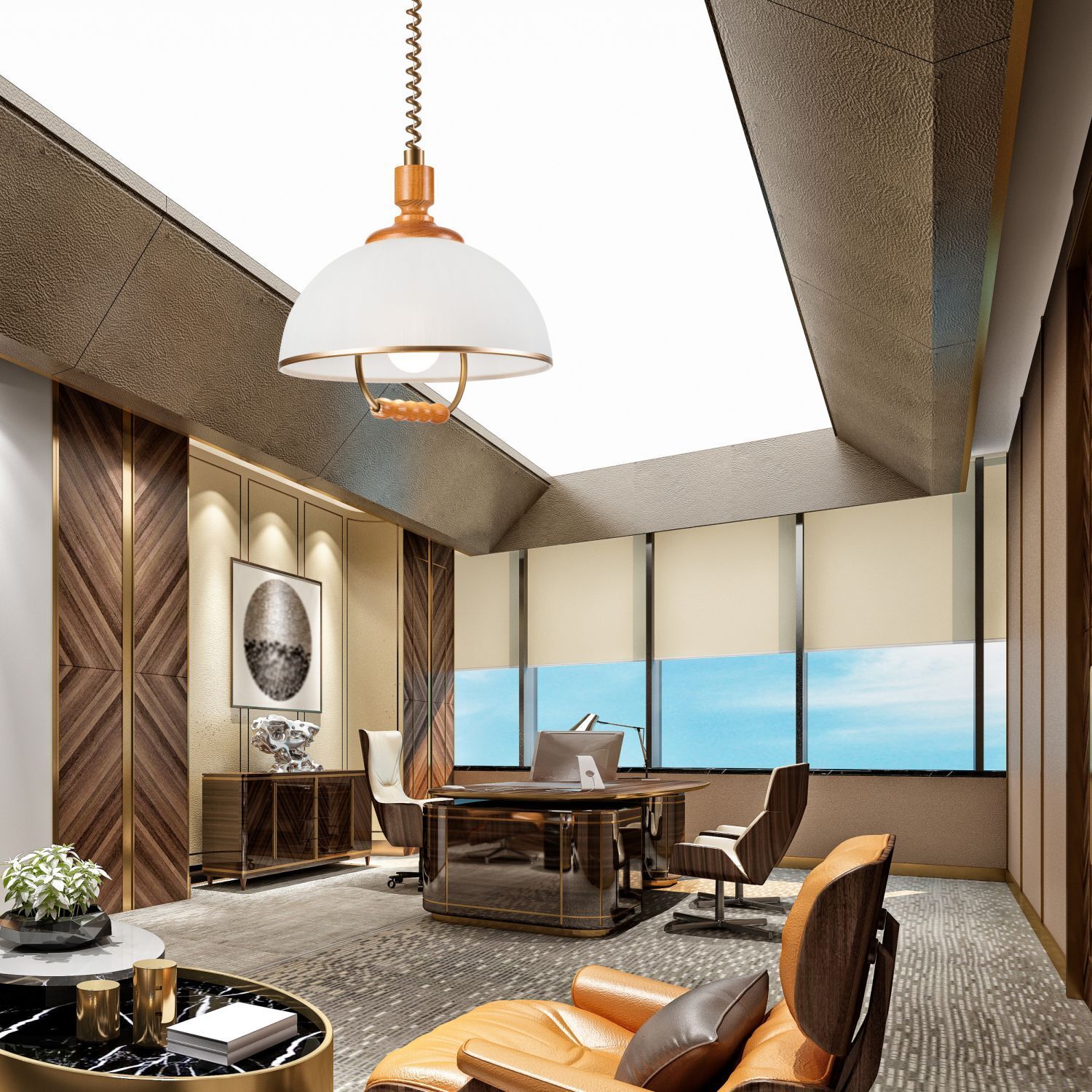 Runde Pendelleuchte Glas Holz E27 Ø30 cm in Kiefer Weiß office, innenraum, schreibtisch, stuhl, beleuchtung