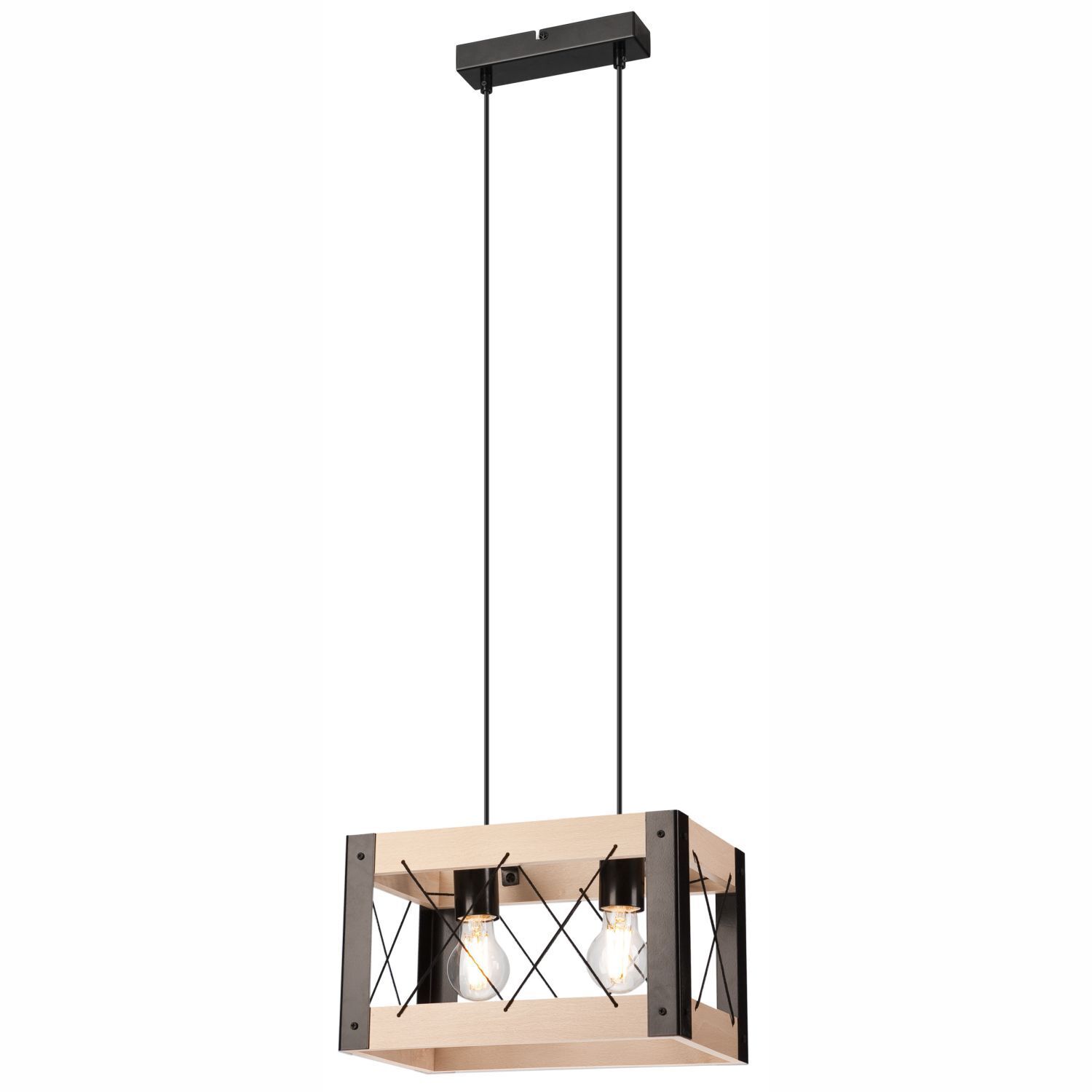 Suspension bois métal ajustable 2 flammes E27 Rustique