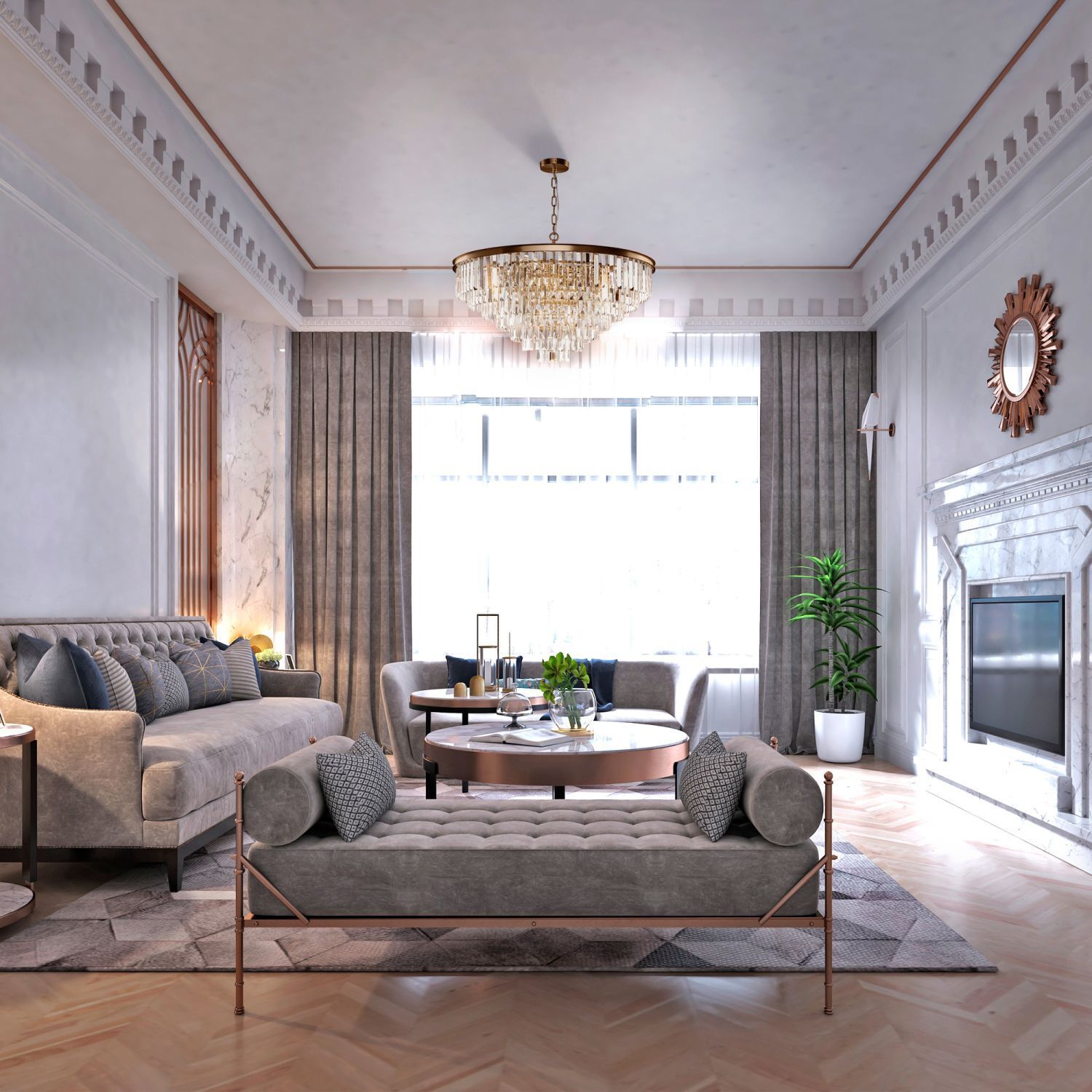 Hängeleuchte Metall Glas Ø 80 cm rund H: max. 127 cm Dekoration für Zuhause, Drinnen, Wohnzimmer, Innenarchitektur, Kronleuchter