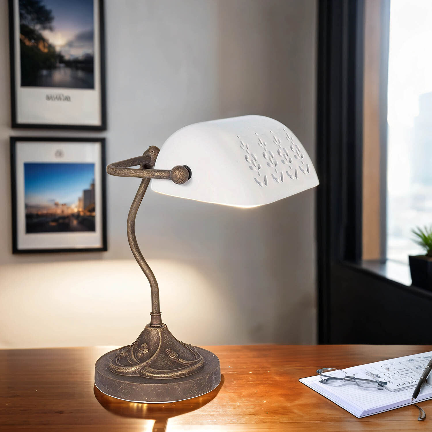 Lampe de banquier exclusive en laiton bronze antique blanc Lampe, Fotorahmen, Stift