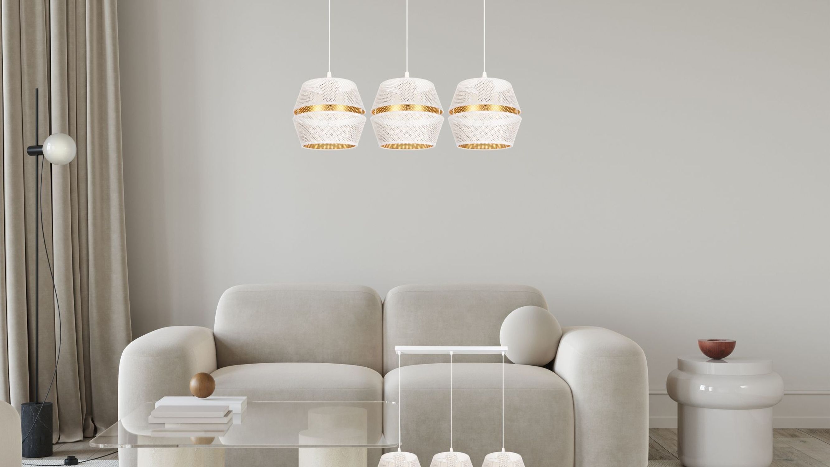 Suspension métal blanc or E27 70 cm long 3-flamme