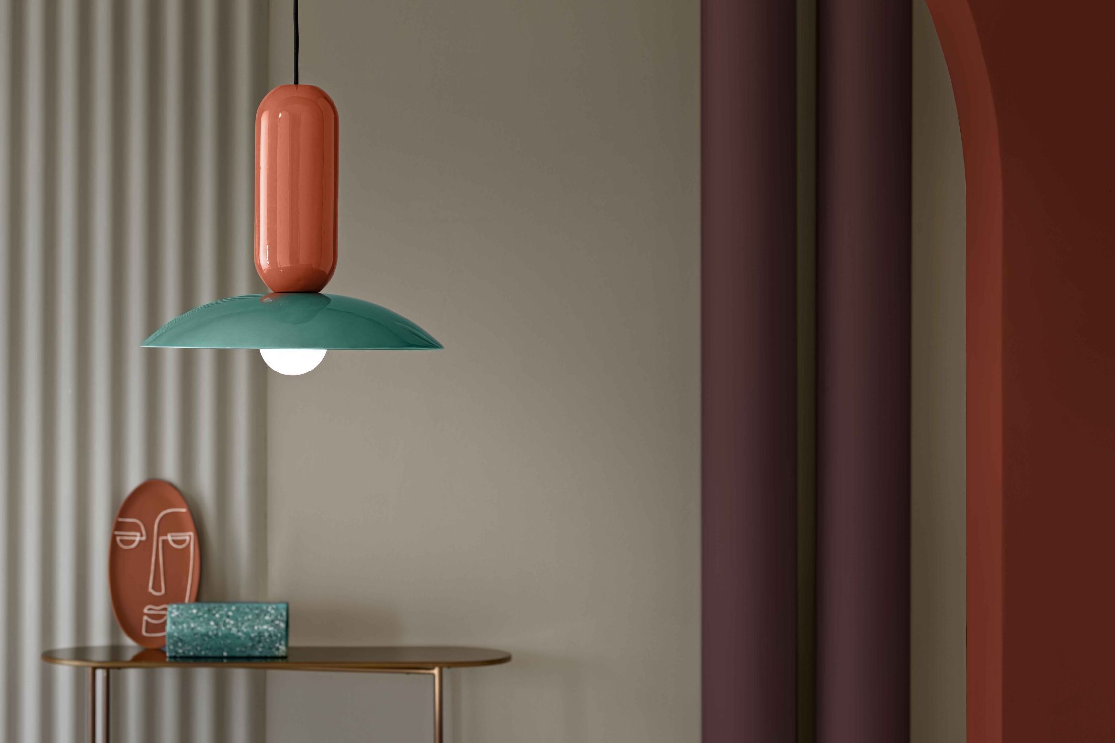 Lampe à suspendre céramique E27 ronde Ø 40 cm Crème Turquoise Orange