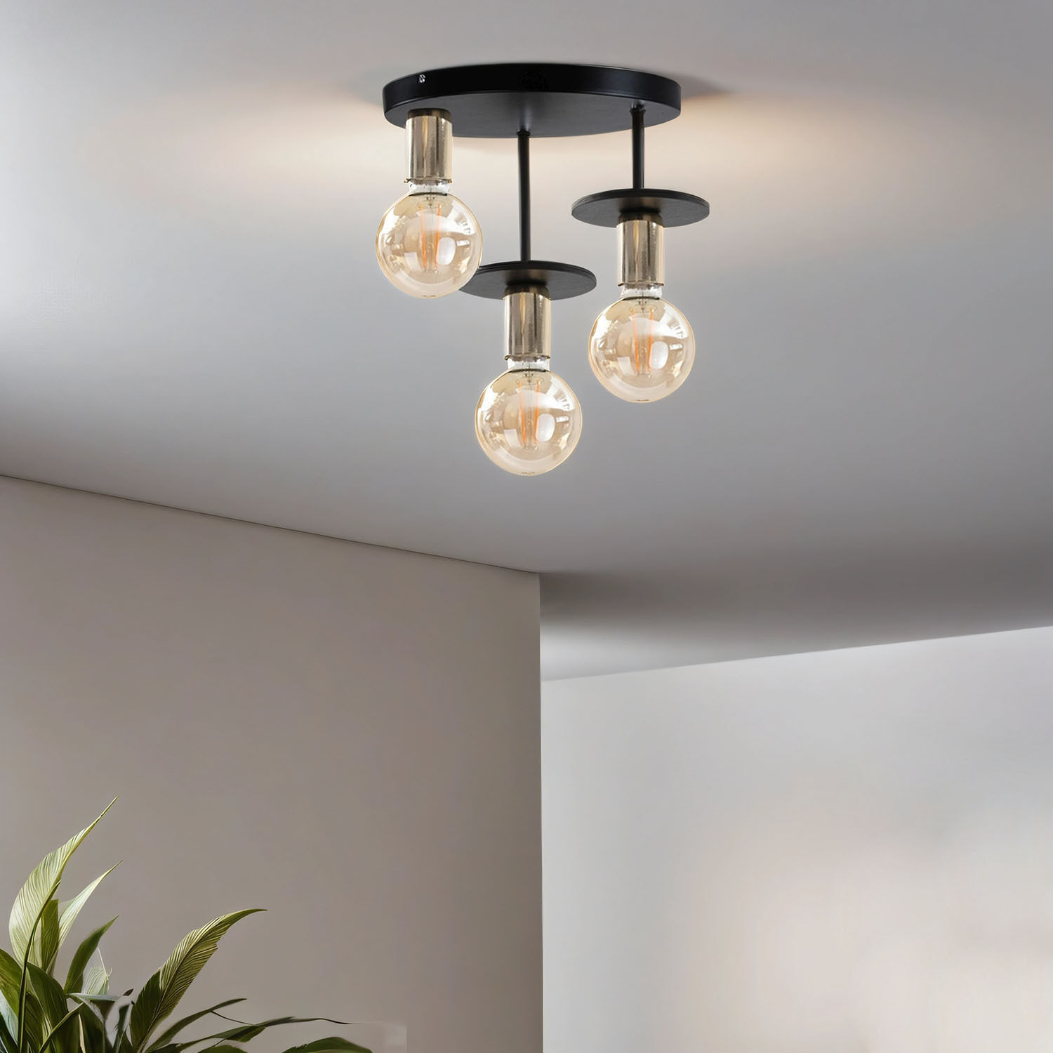 Metall Deckenleuchte Schwarz Gold Holz Ø30cm Retro Deckenleuchte, Leuchte, Kronleuchter, Lampe