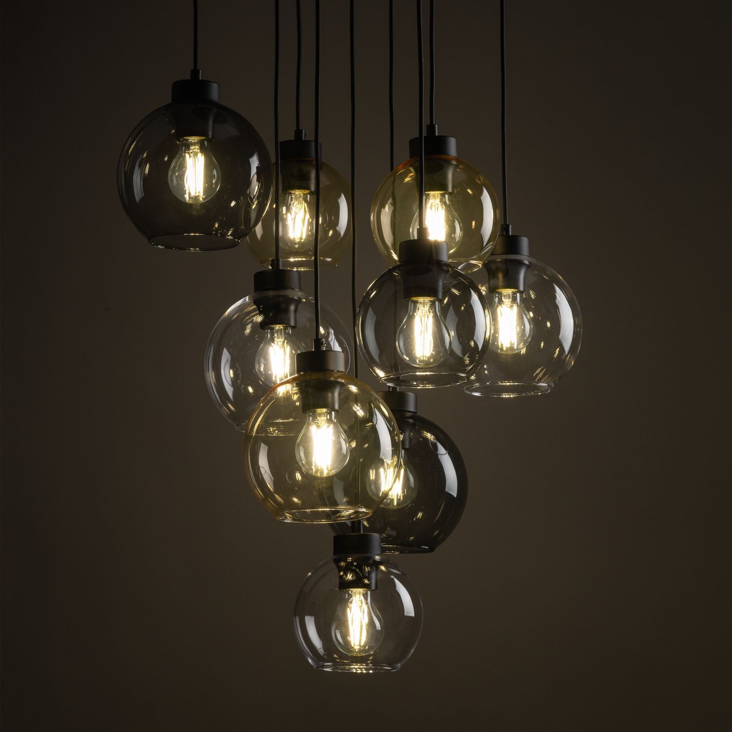 Suspension verre fumé H : max. 140 cm réglable 9x E27 Leuchter, Lampe, Licht, Leuchte