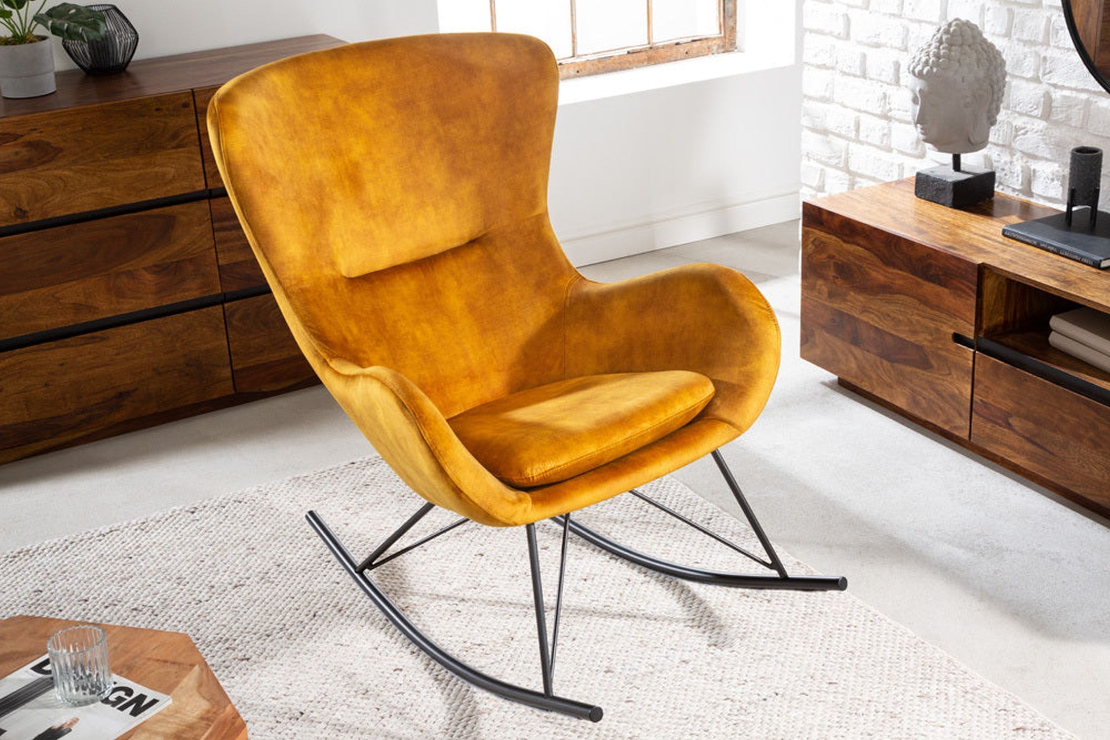 Chaise à bascule Jaune Noir pour lire au calme en velours métal Moebel, Stuhl