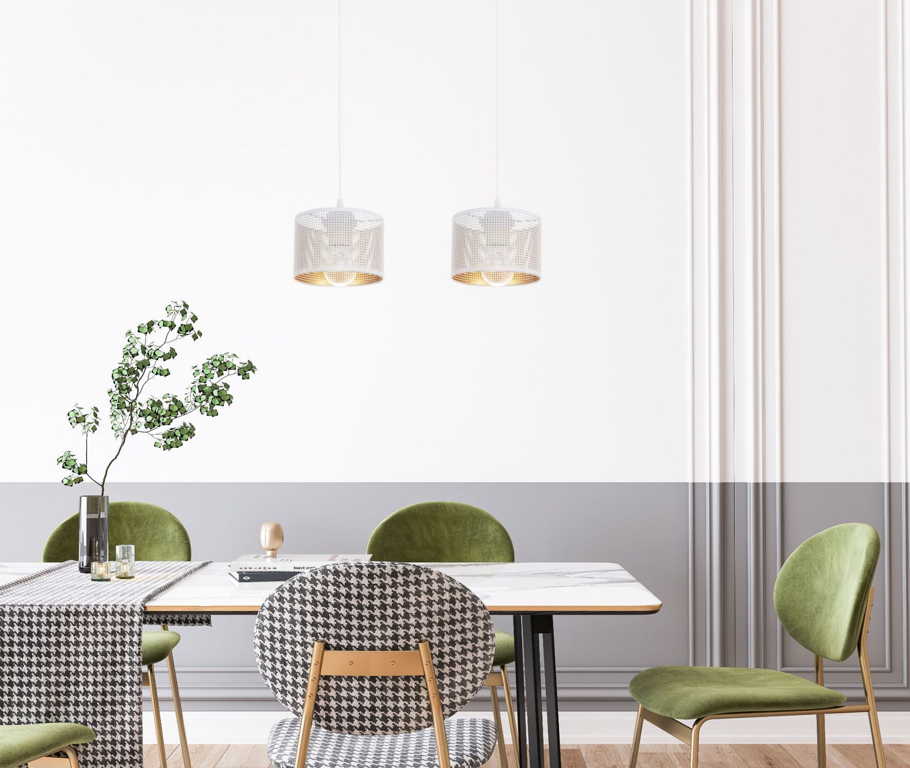 Lampe à suspendre métal blanc or E27 2 flammes 50 cm de long Speisesaal, Esstisch, Tisch, Innenarchitektur, Tischplatte