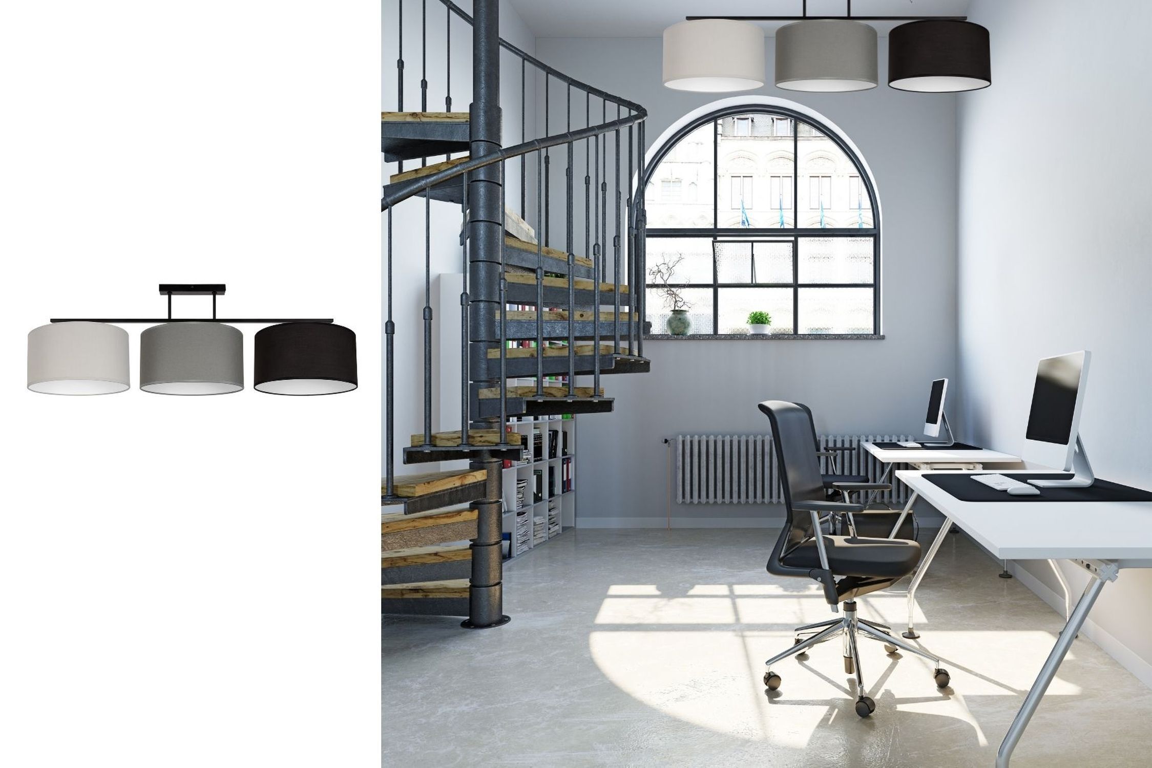 Lange Deckenlampe Stoff Grau Graphit Schwarz E27 100 cm Deckenleuchte, Hängeleuchte, Drei Lampenschirme, neutraler Farbton, Kunstleder-Sitz