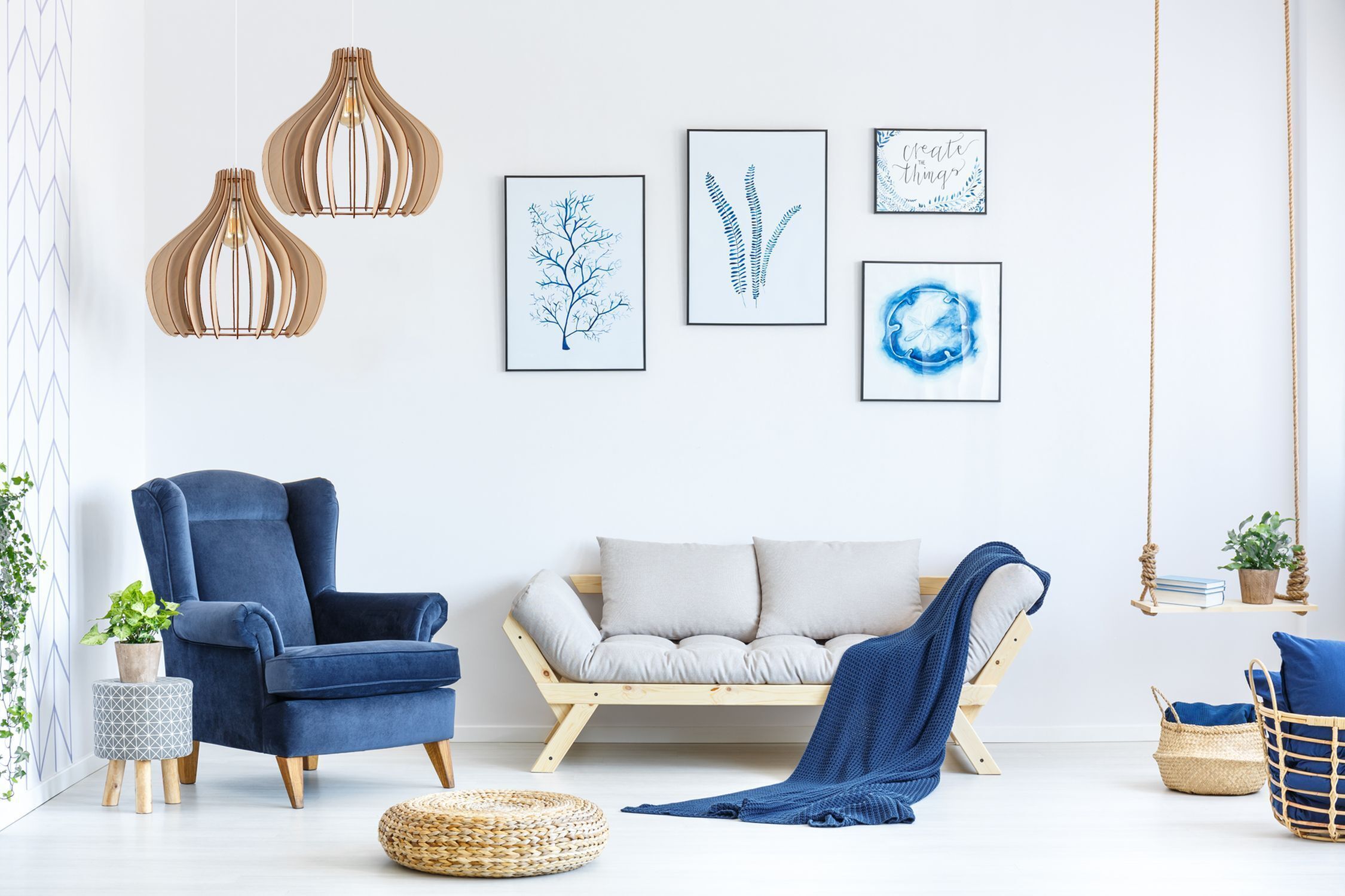 Suspension bois métal blanc E27 Ø40 cm confortable