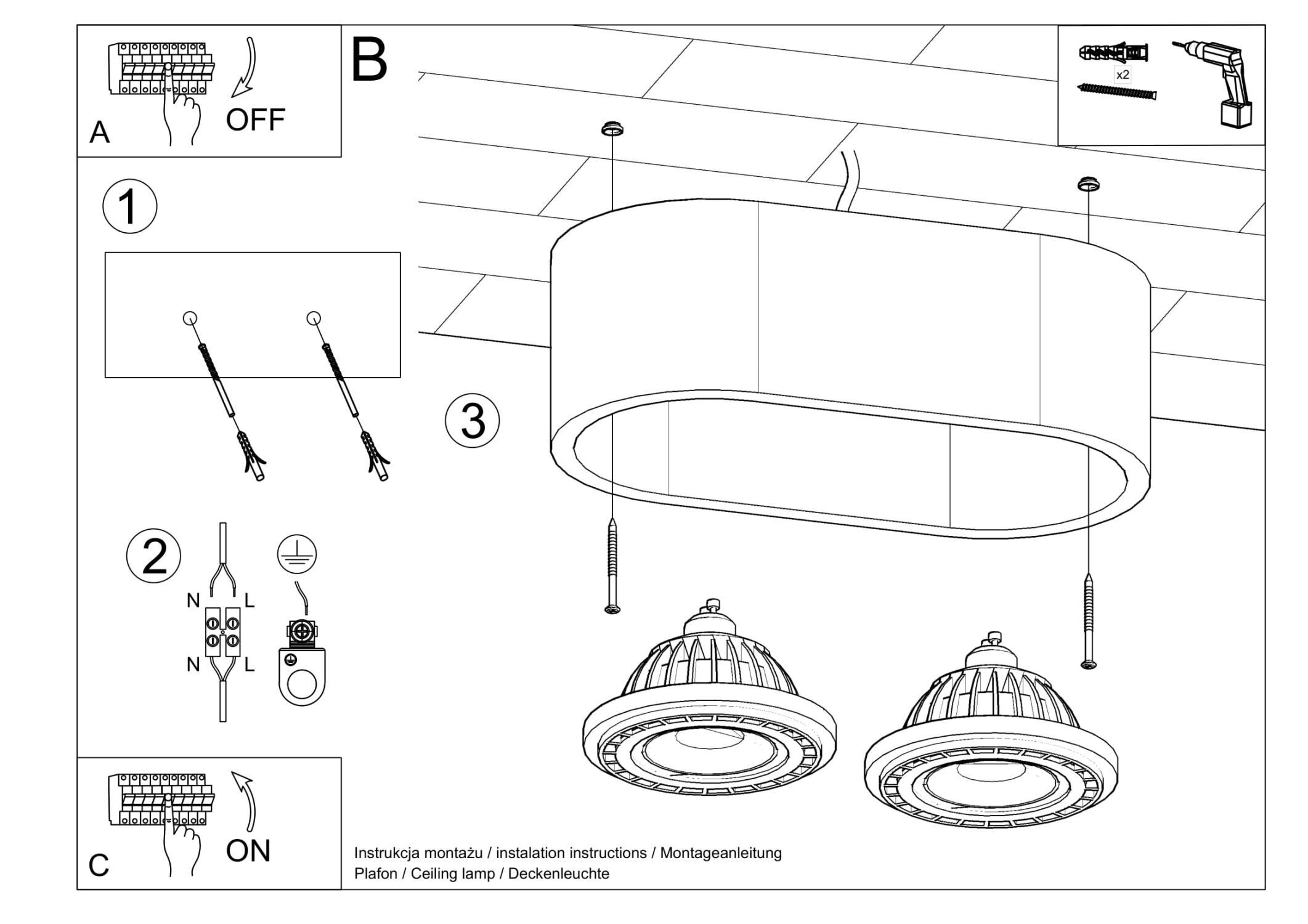 Spot lampe béton 2x GU10 L : 27 cm H : 9 cm petit plafond