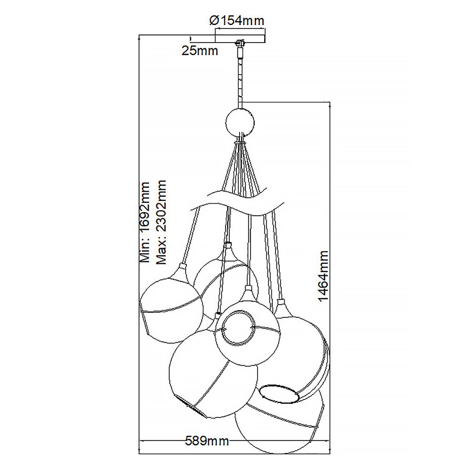 Suspension verre métal E27 L : 58,9 cm Abat-jour sphérique