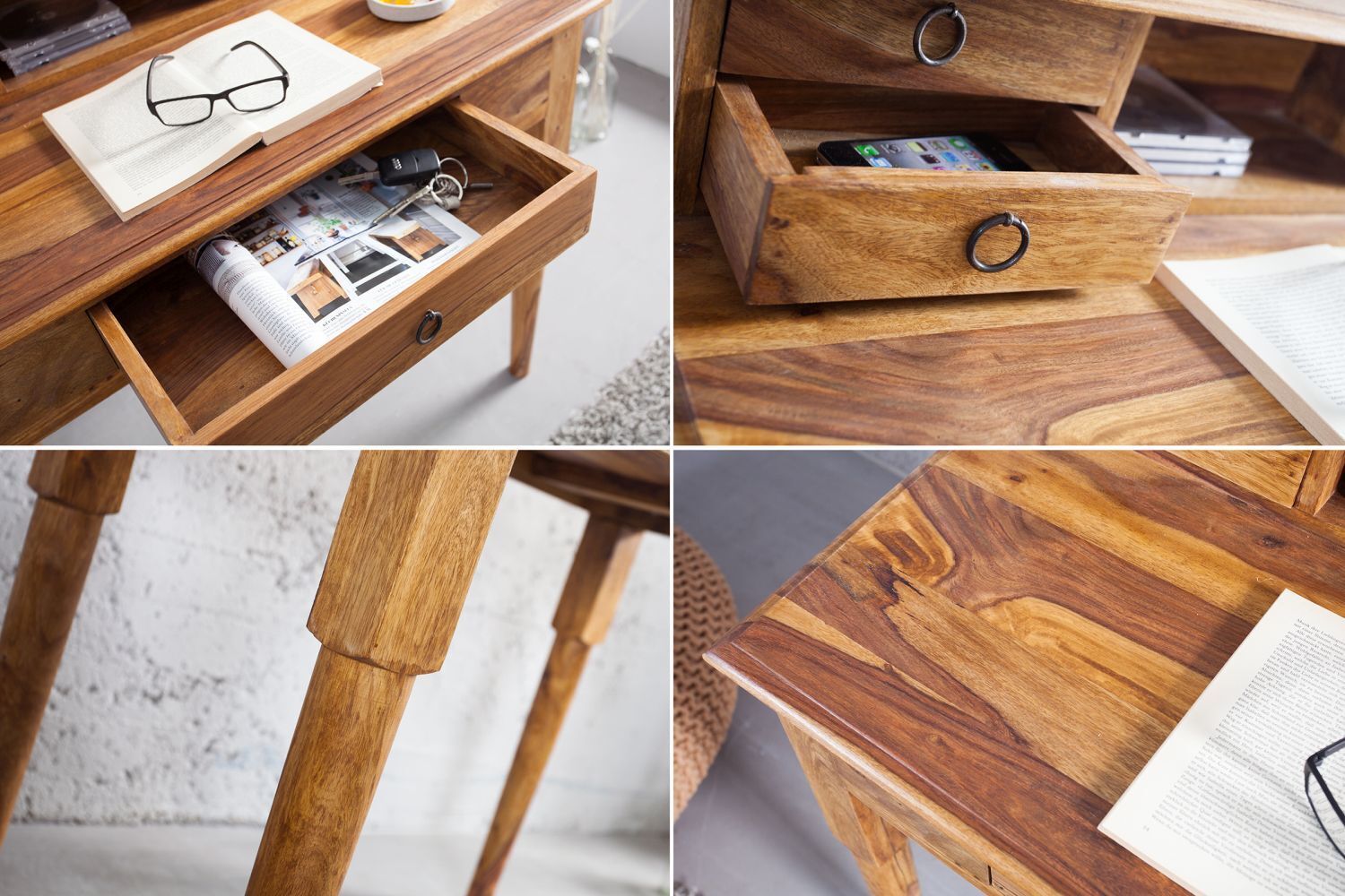 Bureau en bois de sheesham 90 cm en naturel Schublade, Mobiliar, Holz, Hartholz, Tabelle