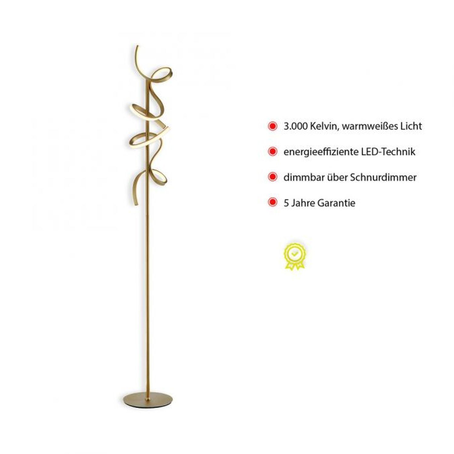 Lampadaire LED à intensité variable 11 W 156 cm en laiton mat