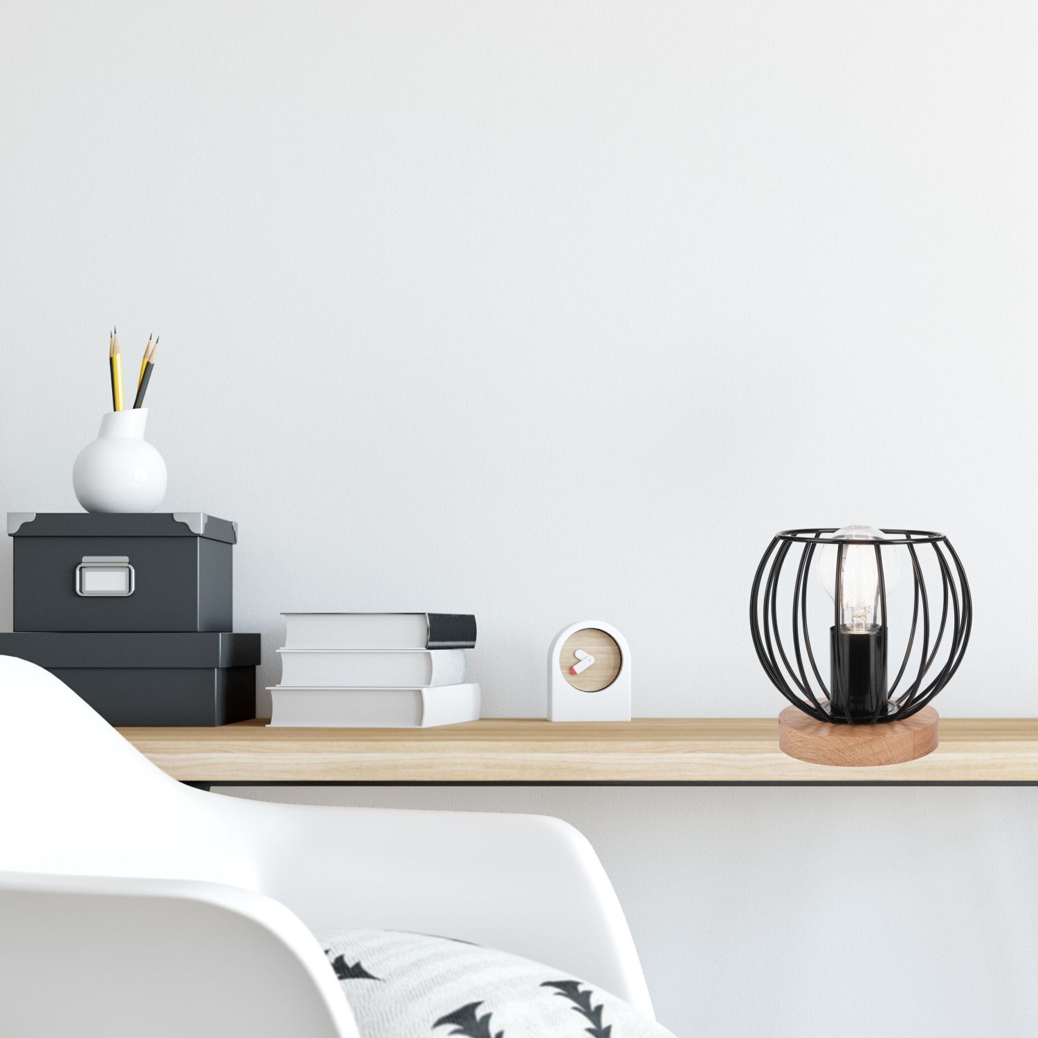 Lampe de table noire E27 petite H : 16 cm Métal Bois Rétro