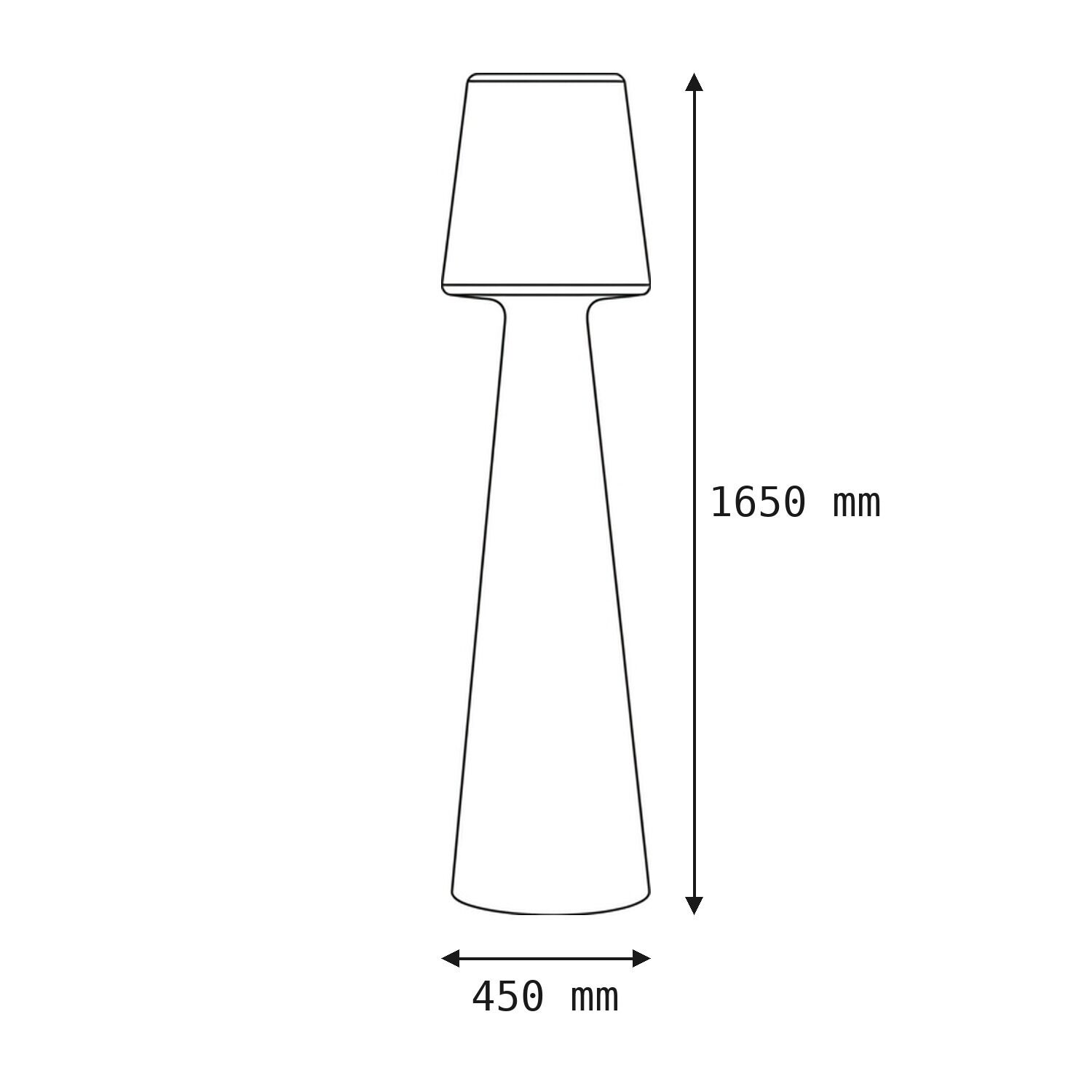 Zahnbürstenleuchte, Stehlampe, stufenloser Lampensockel, konischer Fuß, Abmessungen 1650x450