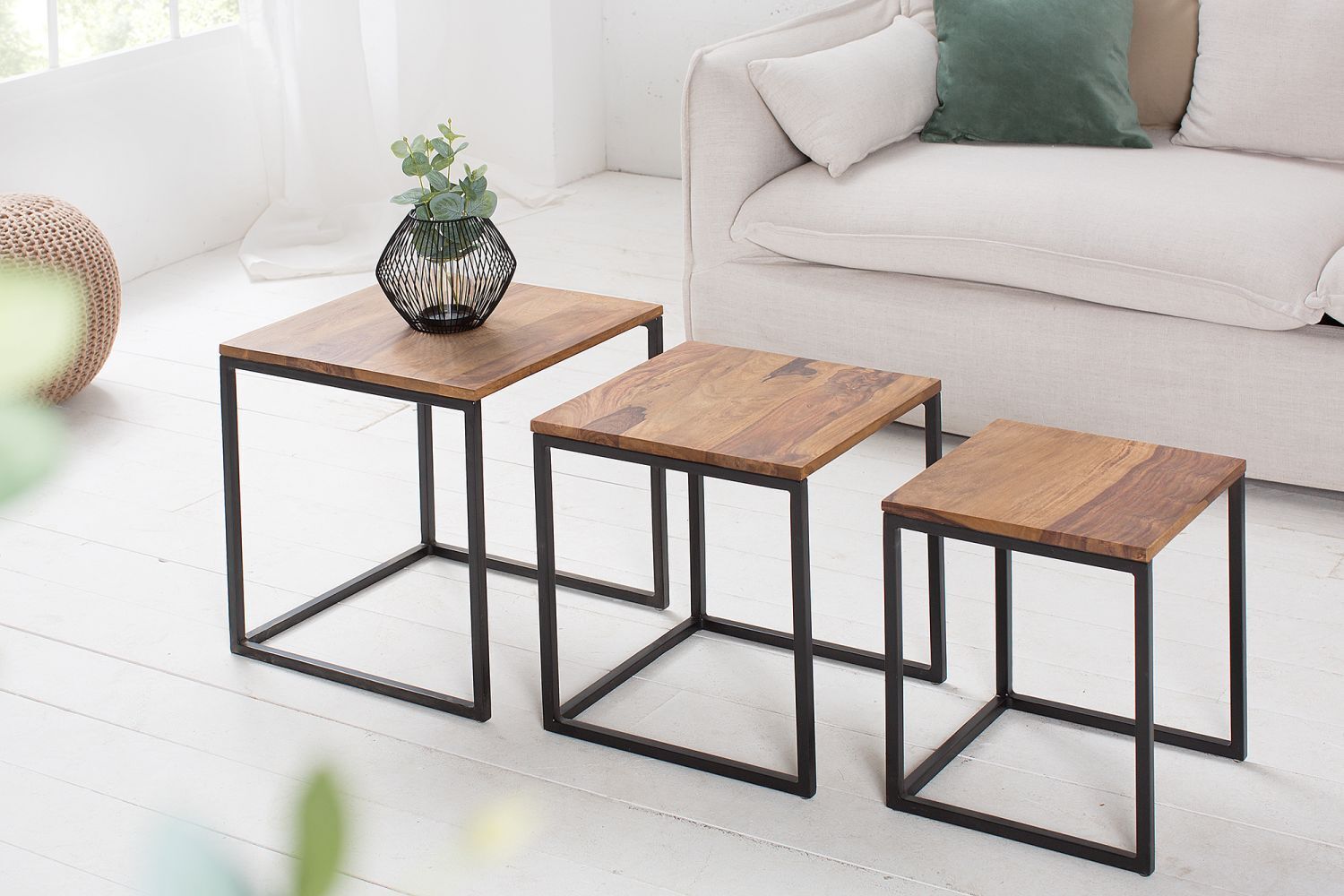 Table d'appoint bois de sheesham métal set de 3 pièces en noir naturel Kaffeetisch, Mobiliar, Tabelle, Holz, Tischplatte