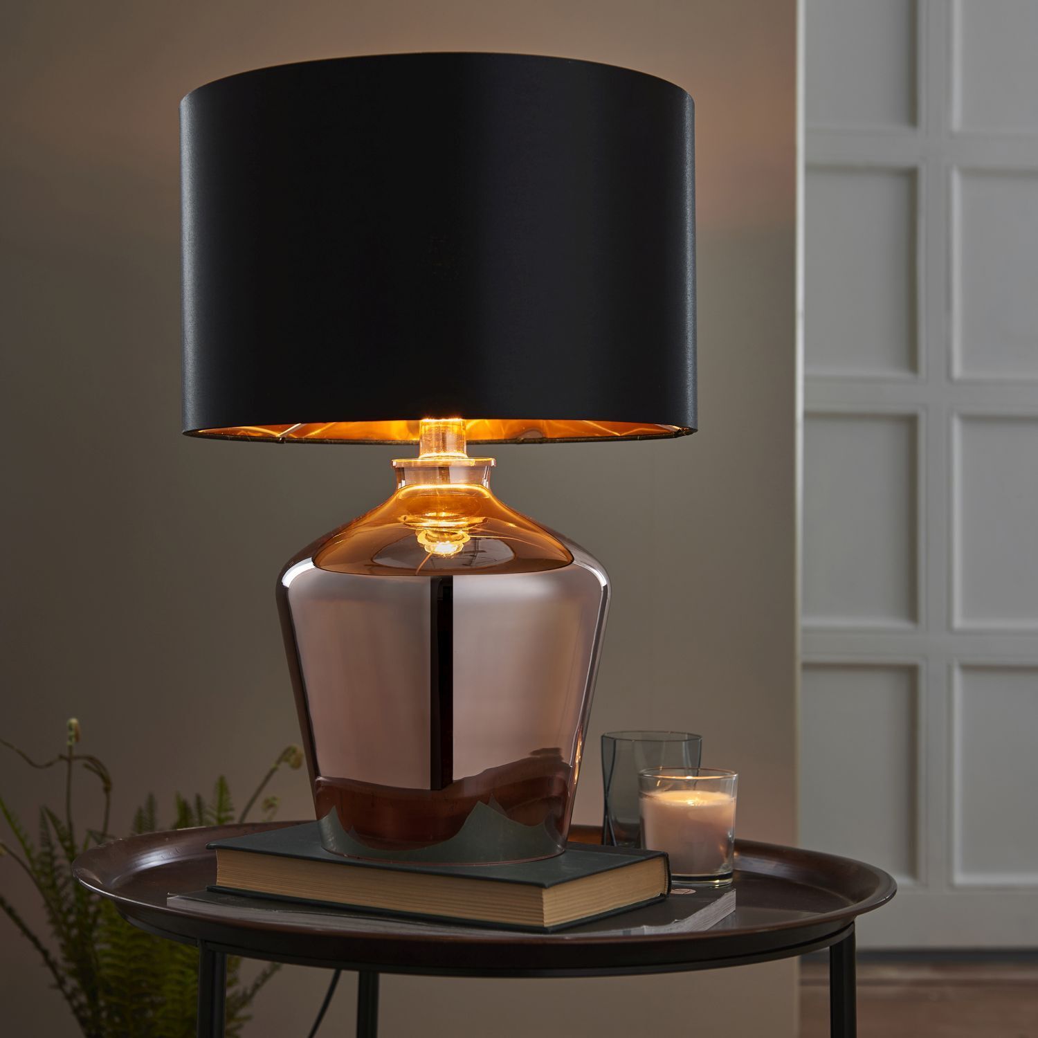 Lampe de table verre tissu 47 cm de haut en cuivre noir E27