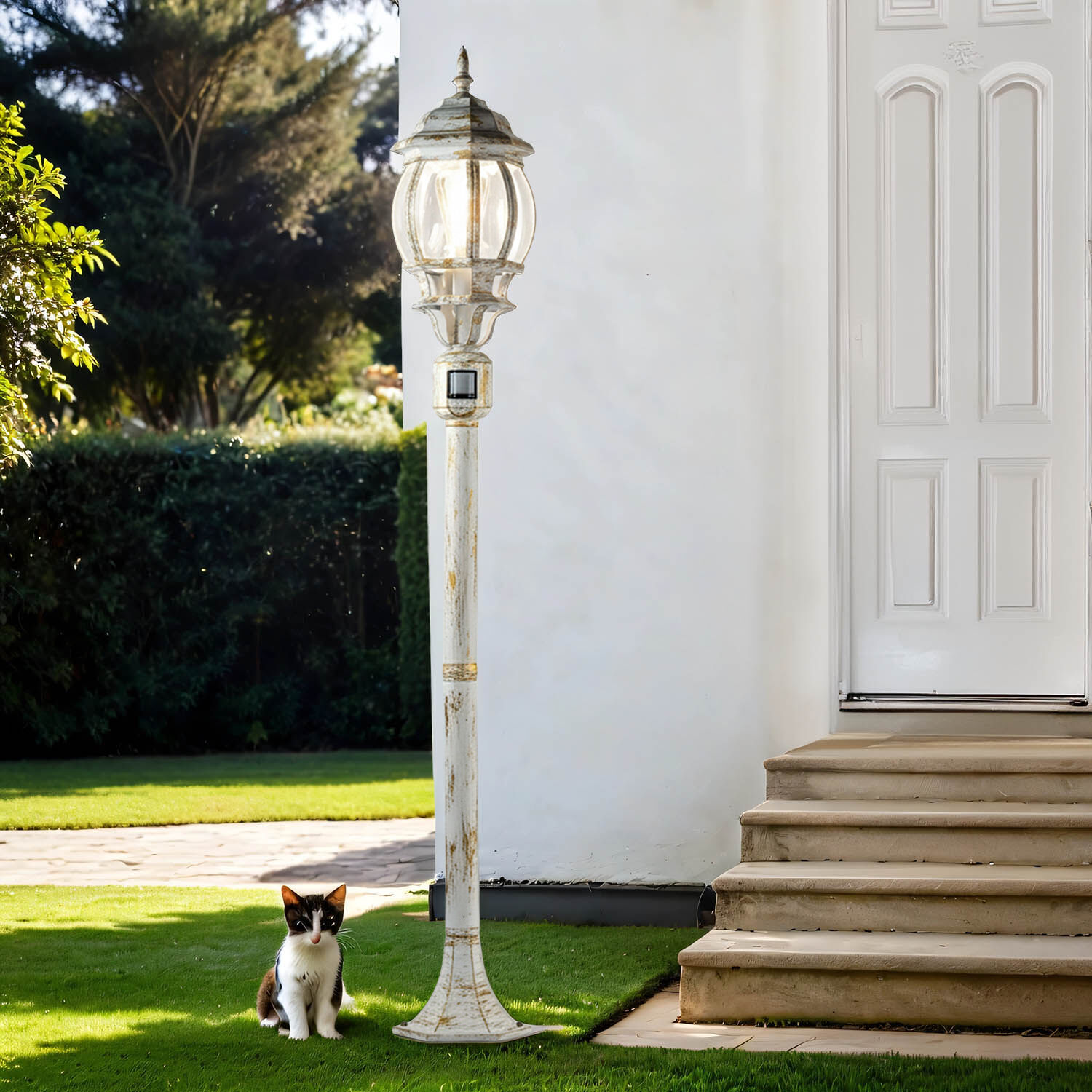 wegeleuchte-laterne-aussen-stehleuchte-brest-mit-bewegungsmelder-weiss-8 post, lamp, garten, katze, häuserfront