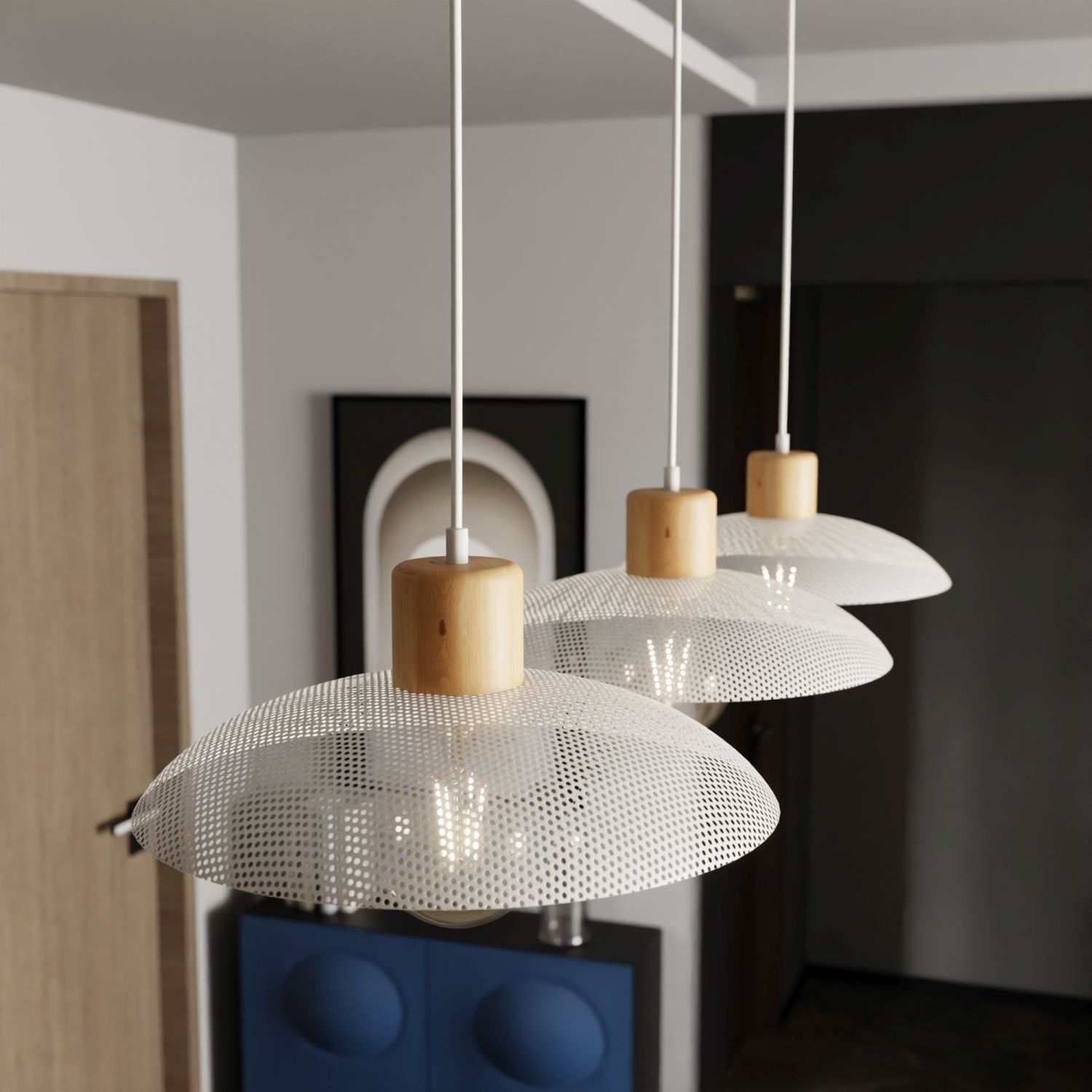 Suspension 3 flammes E27 L : 90 Blanc imitation bois métal