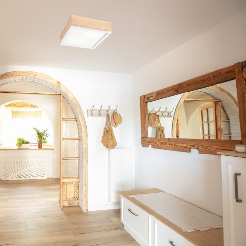 Holz Deckenlampe blendarm Glasschirm E27 B:31 cm eckig Holz, Drinnen, Innenarchitektur, Tasche, Handtasche