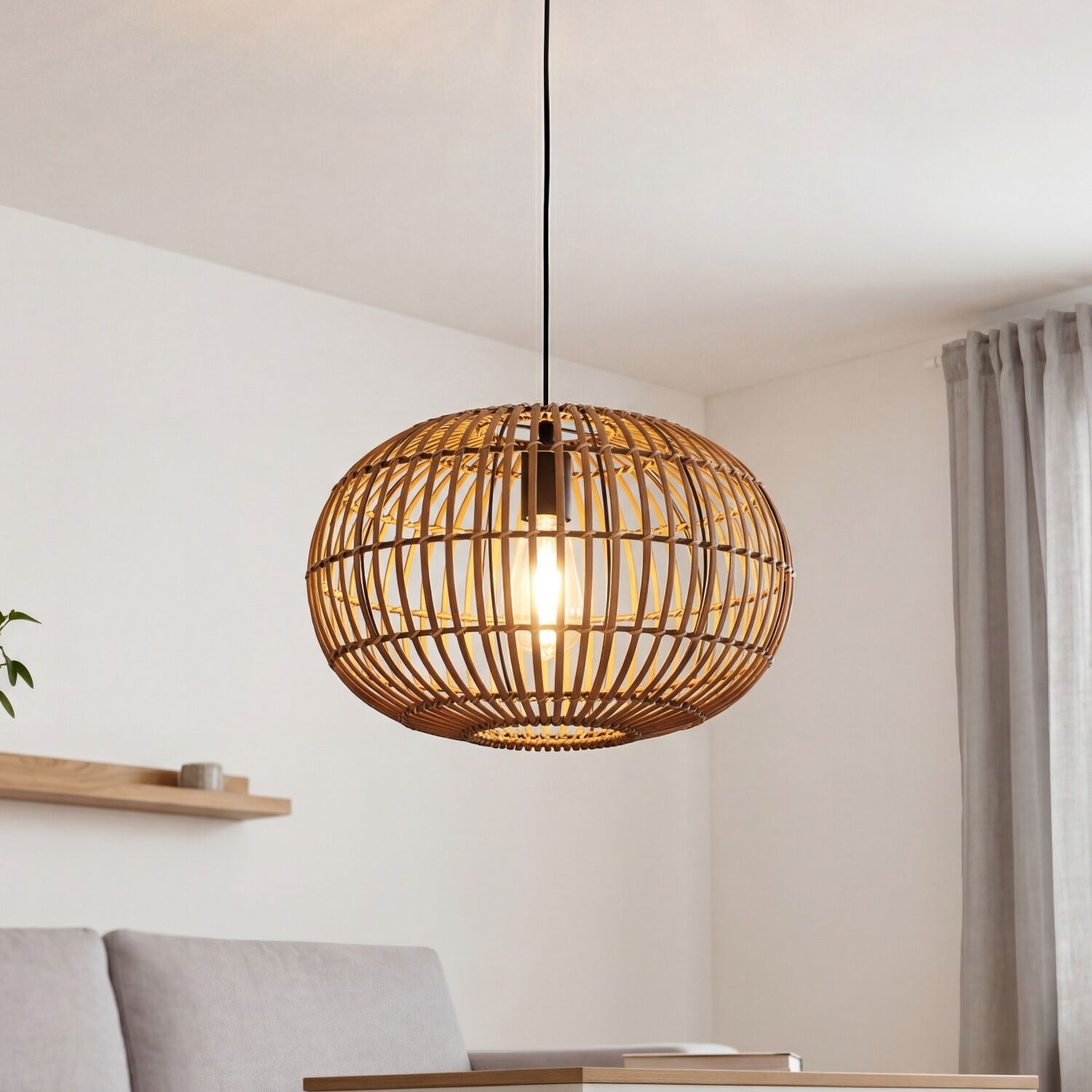 Lampe à suspendre Bambou Naturel Noir rond Ø40 cm E27 Moderne