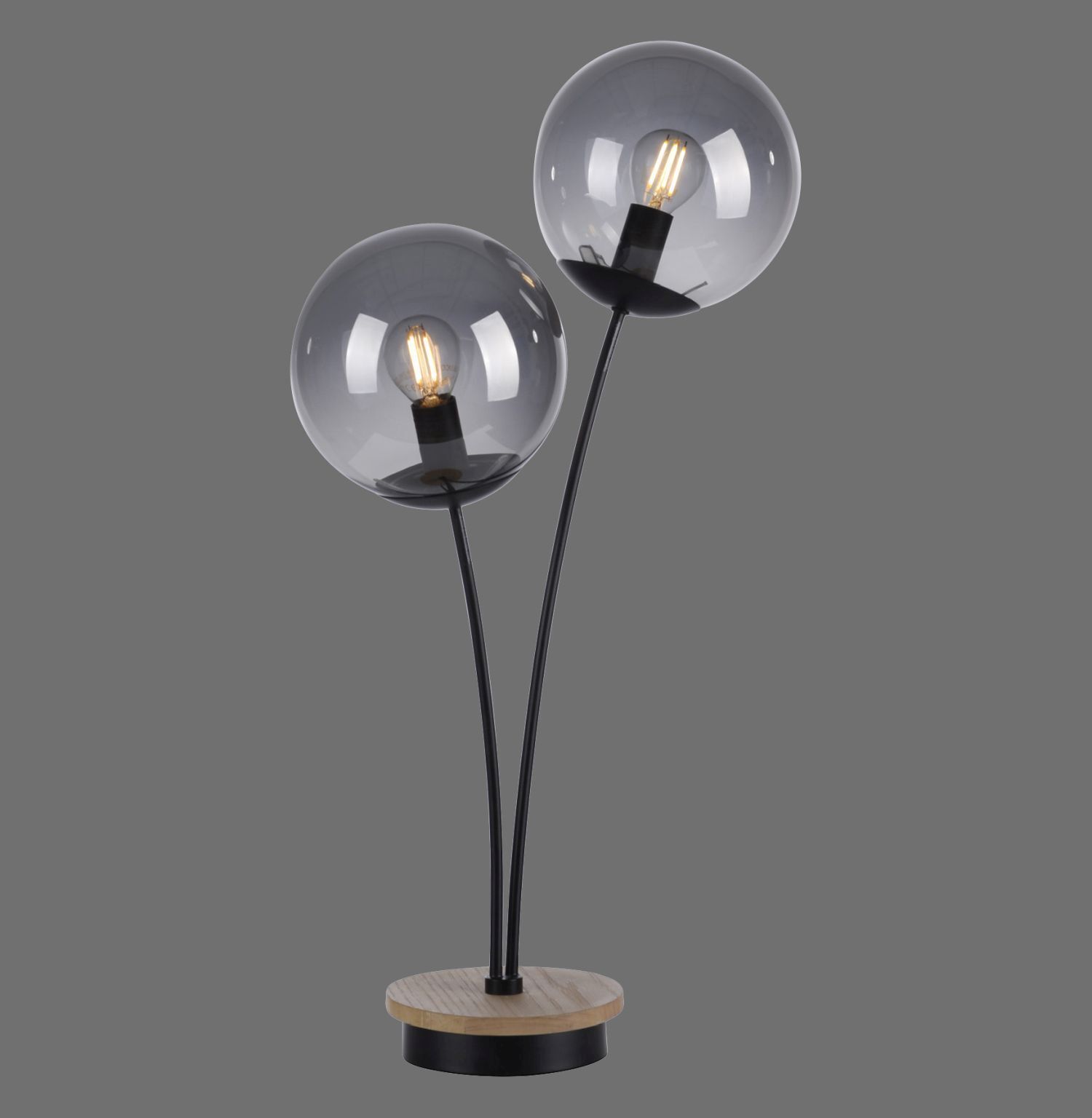 Stylische Tischlampe Rauchglas Holz E14 60 cm 2-flammig Lampe