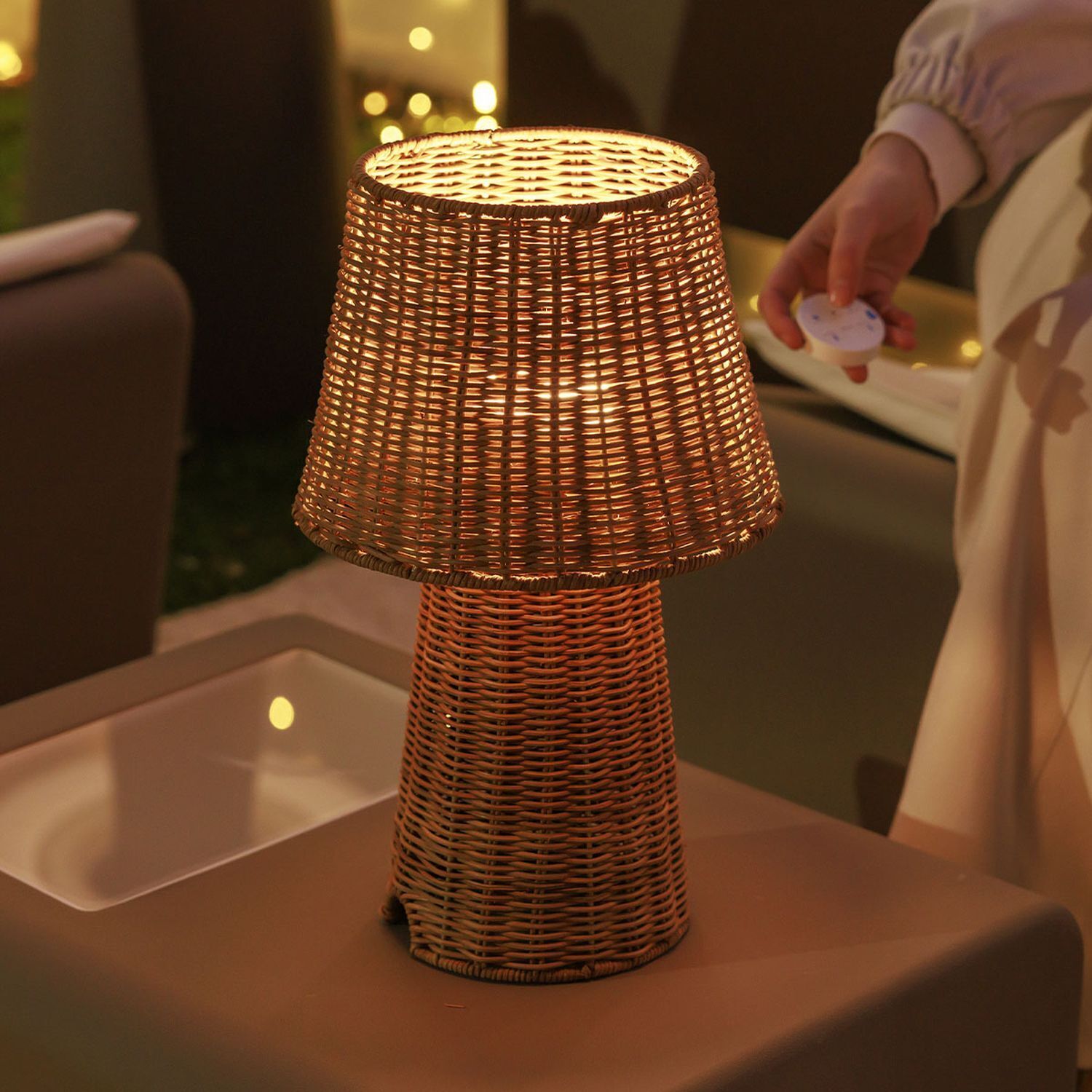 LED Akku Tischlampe dimmbar 3000 K IP54 38 cm Rattan Lampe, Lampenschirm, Korblampe, Rattan, Nachtlicht